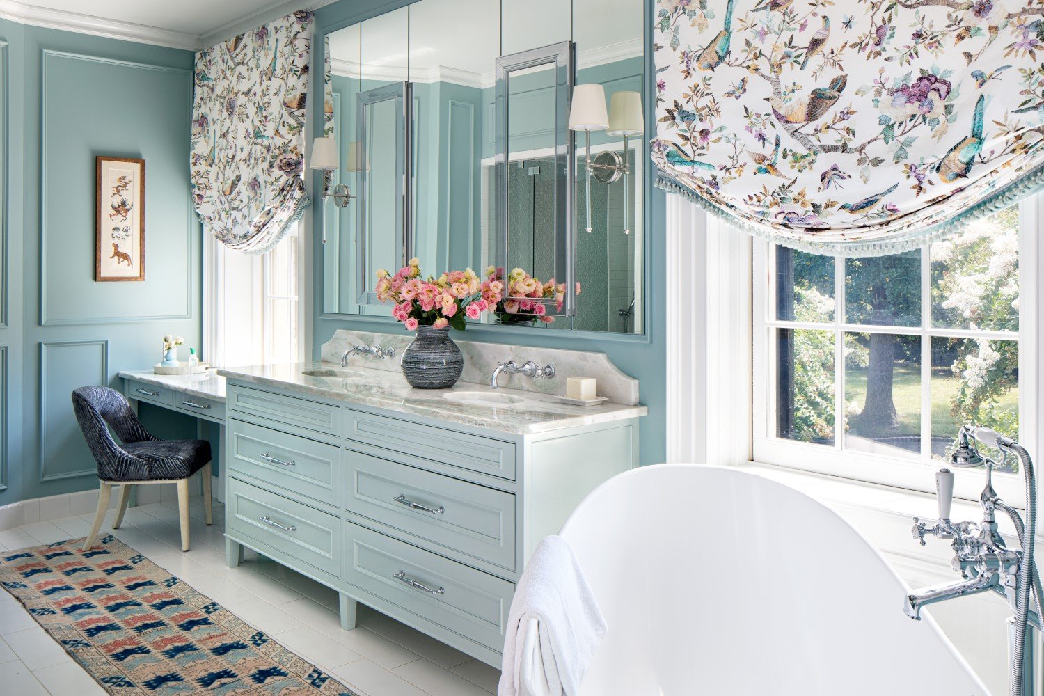  Classically designed bathroom with rich teal walls and a pale teal double vanity created by Bridget Beari Designs 