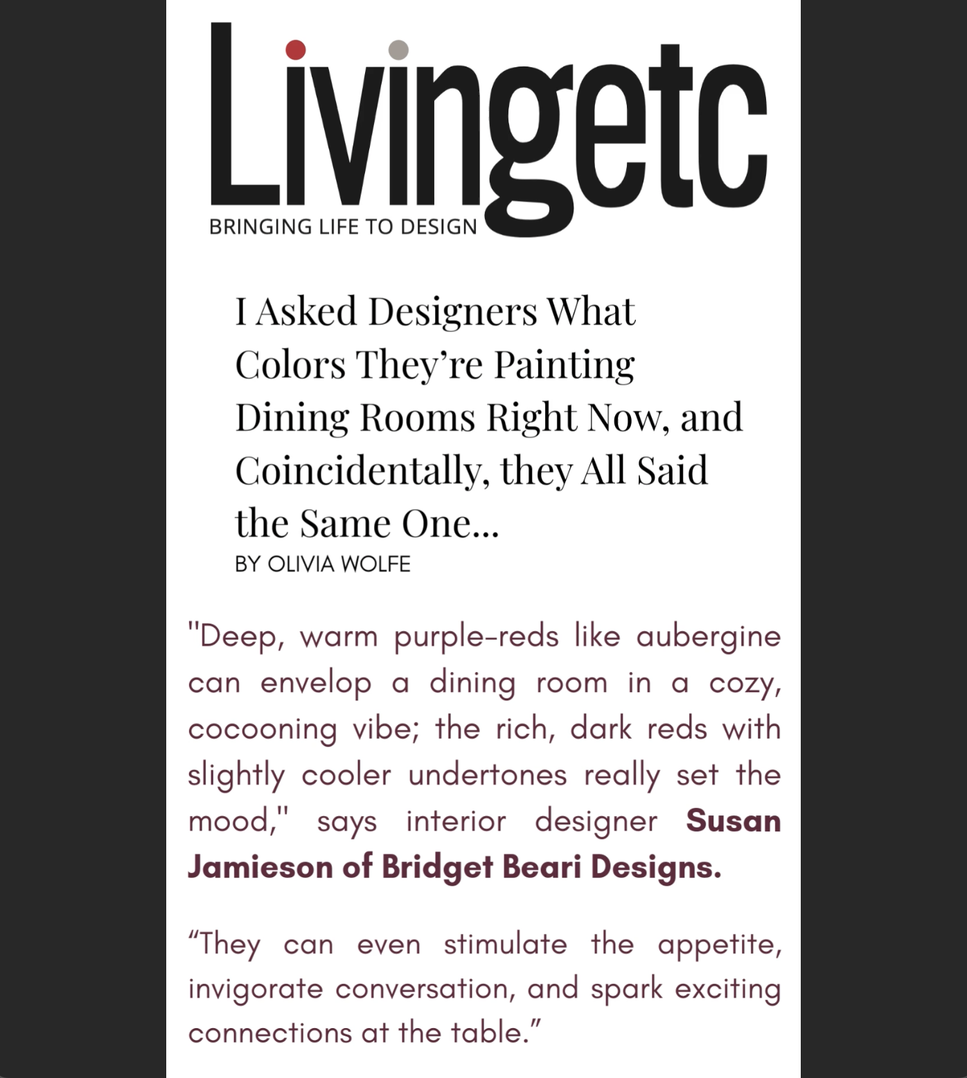 An article from Livingetc describing designer Susan Jamieson's choice of deep, warm purple-reds for dining room wall colors