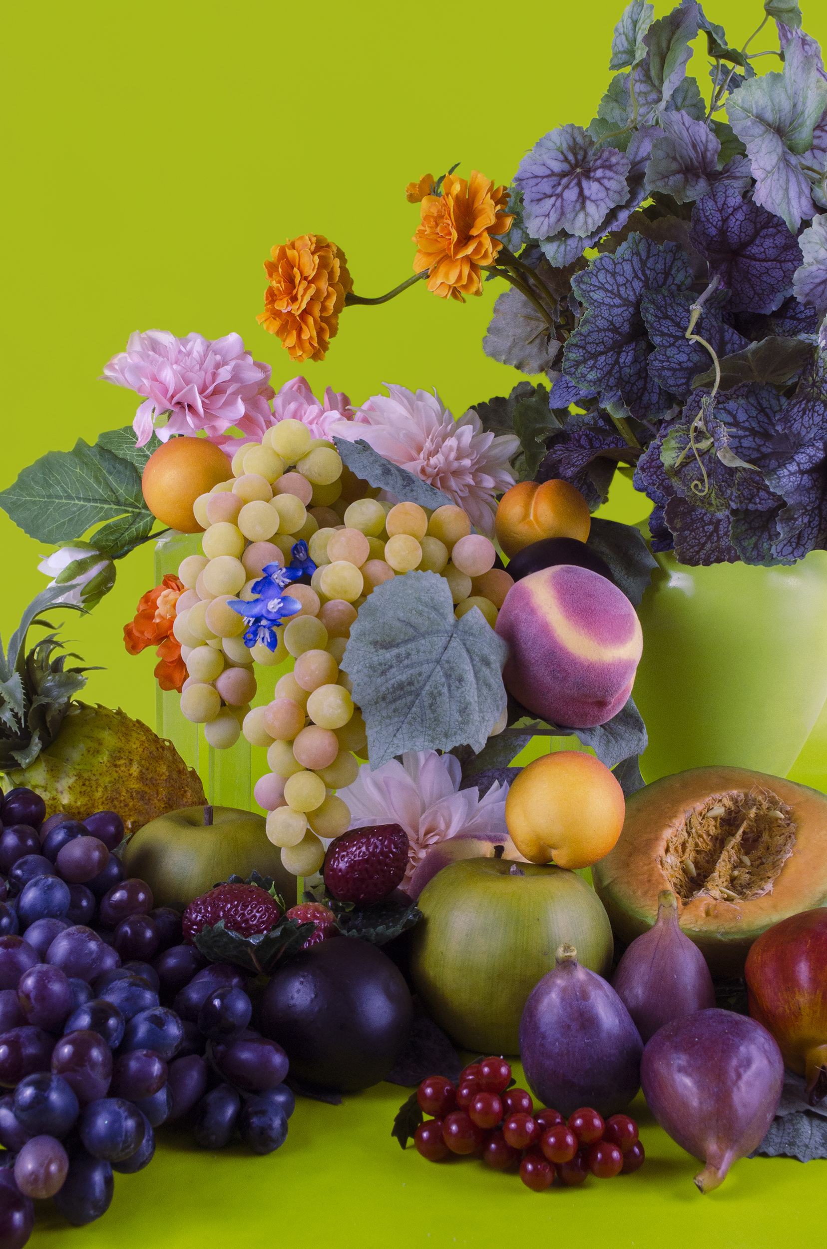 Foam, Plastic, and Silk Flowers and Fruit in front of a Garden Vase with an Opium Poppy