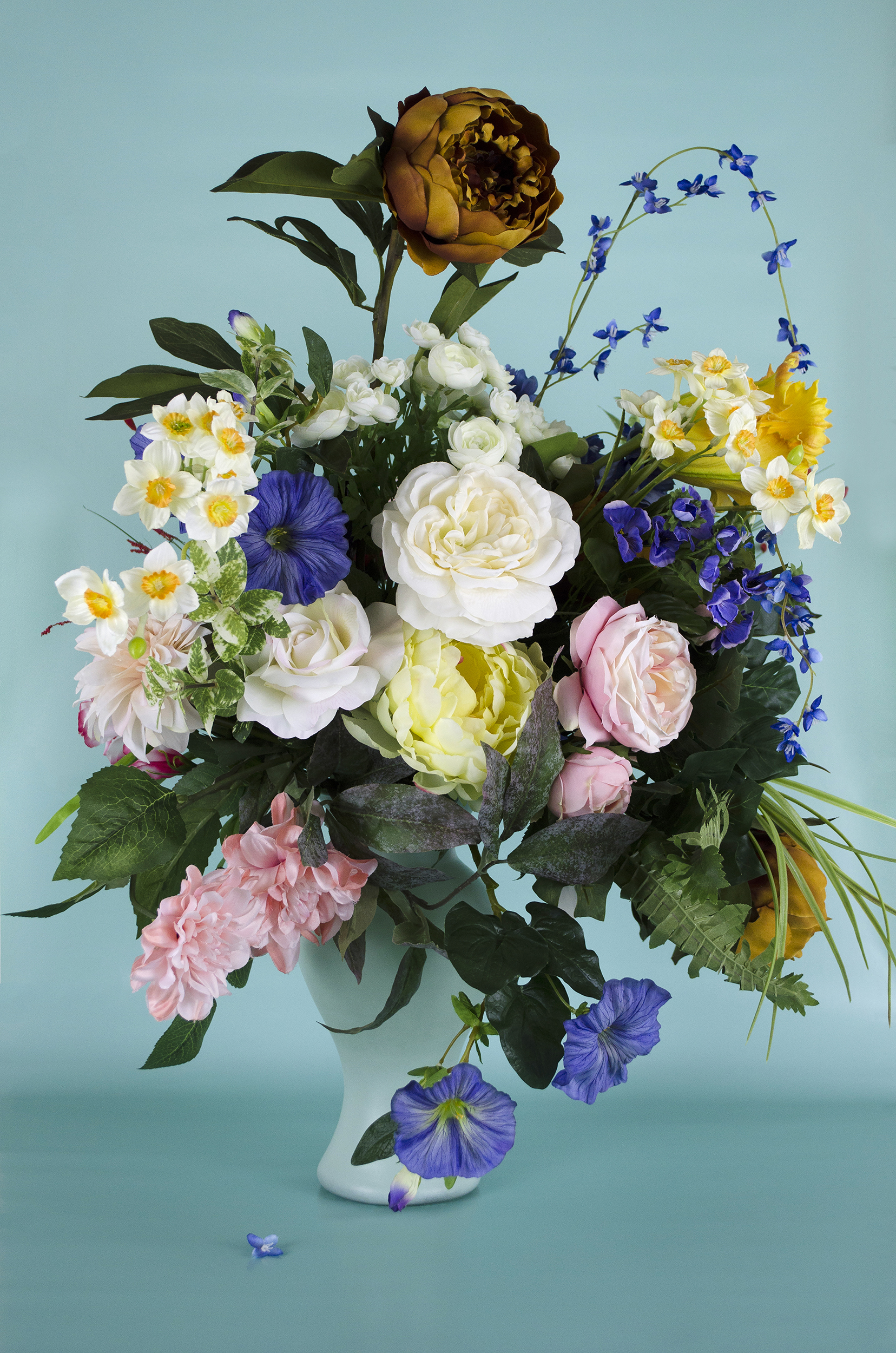 Silk Flowers in a Vase with a Peony and Apple Blossom at the Top