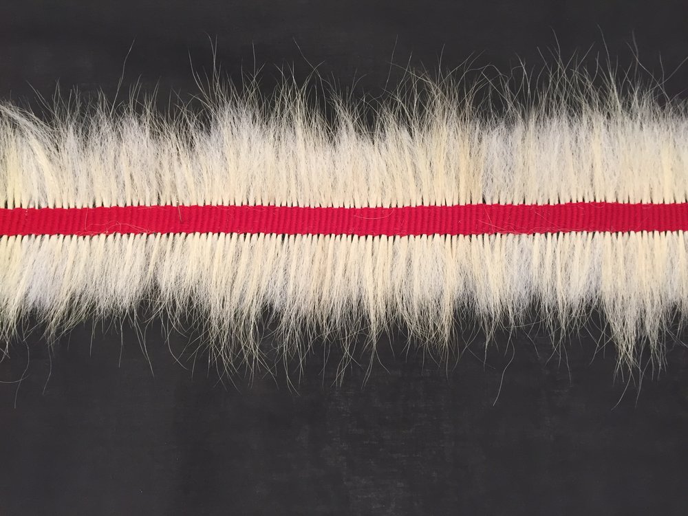   Message,&nbsp;2015 (Detail)Polar bear guard hair,afadsf cotton thread, black interface; 180” x 24”  