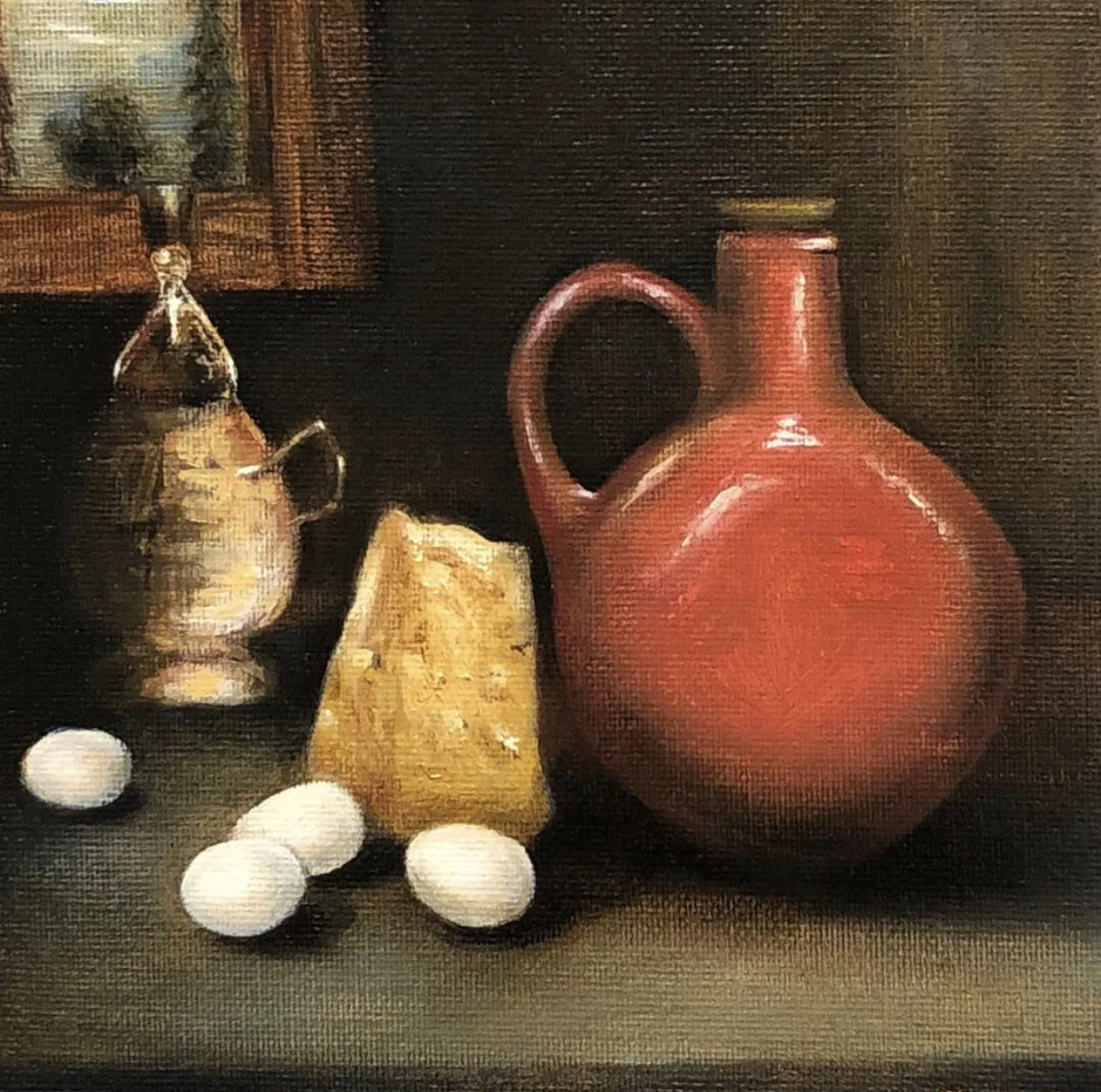 “Eggs & Cheese” This piece is currently for sale through the Sager Braudis Gallery. Oil on Canvas Board 6” X 6”