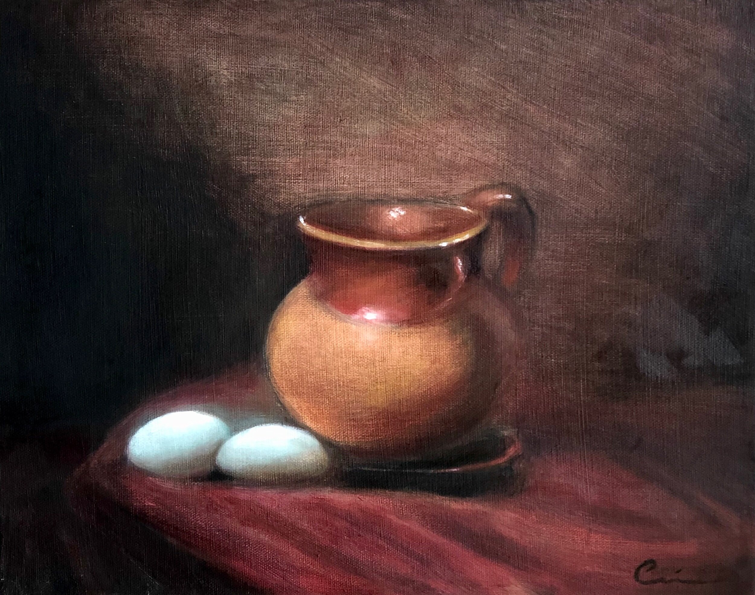   “El Cantarito con Huevos”   $350  Oil painting on canvas  11” X 14” 