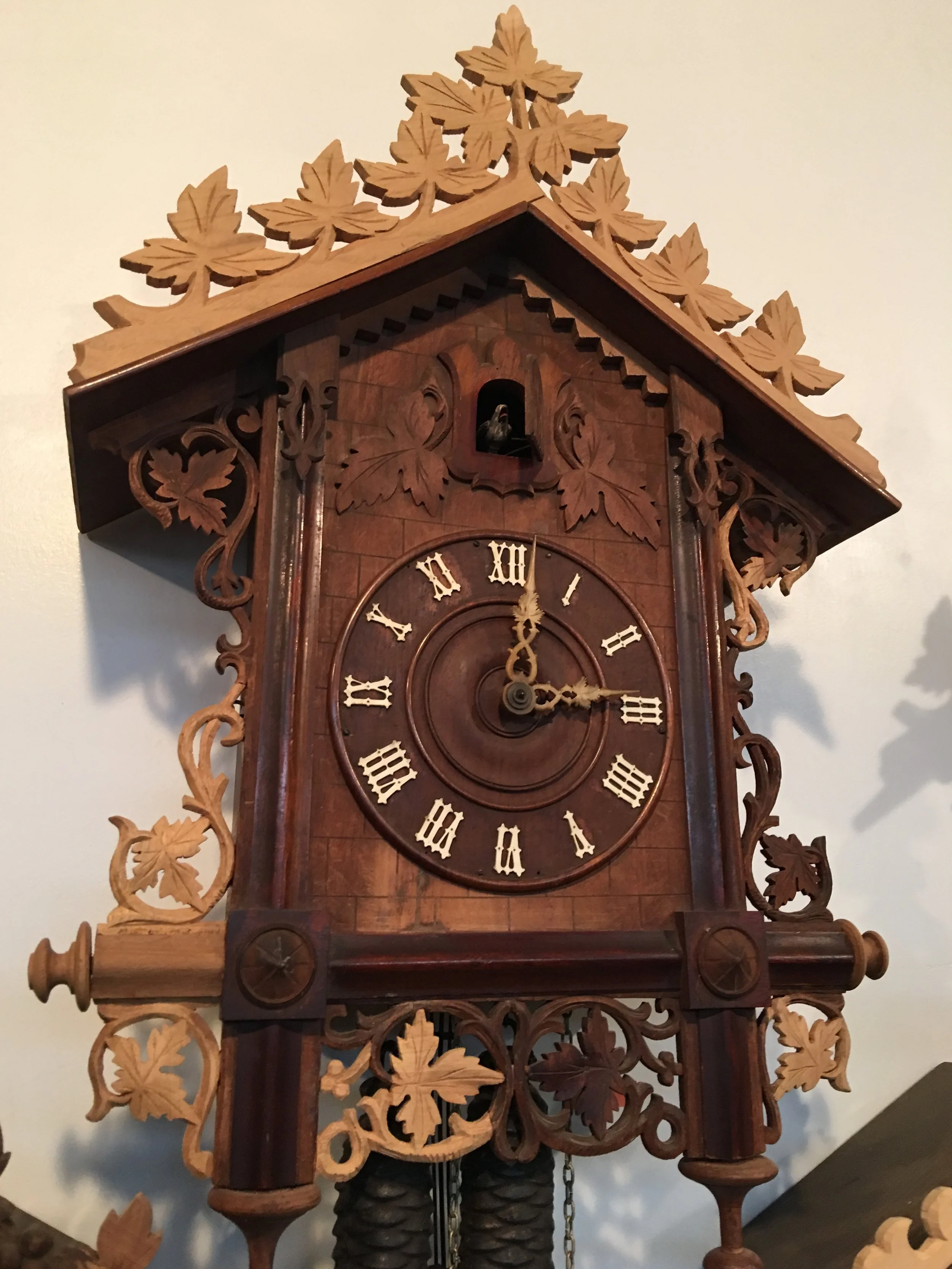One of the many clocks repaired by Jim. The light oak color are the hand crafted replacement pieces.