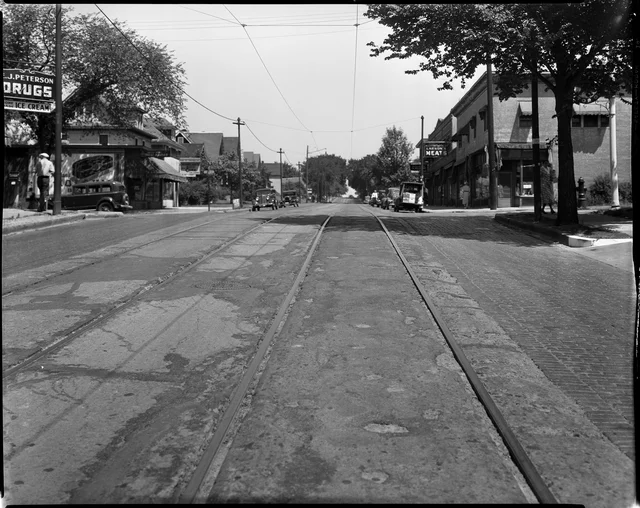 22nd Avenue Northeast and Johnson Street in 1936. Not much has changed over the last 82 years other than the type of businesses and loss of the trolley system (photo courtesy of the Minnesota Historical Society)