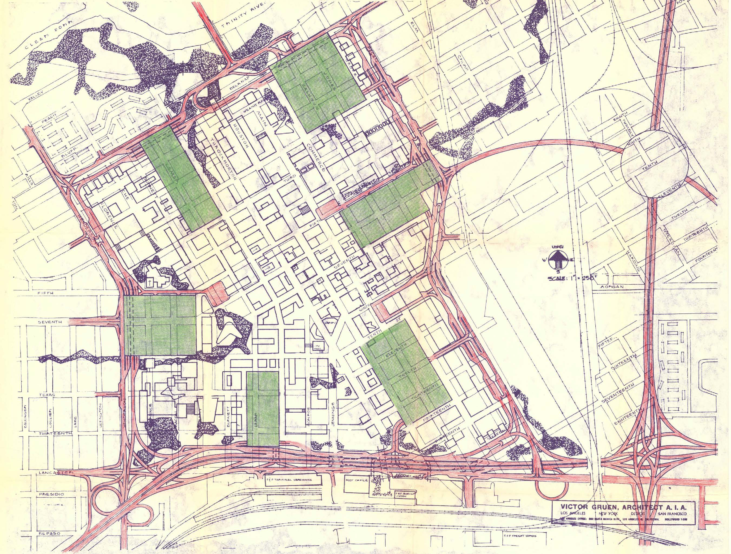 Sketches of the Gruen Plan showing the parking garages in green and circulating highway in pink