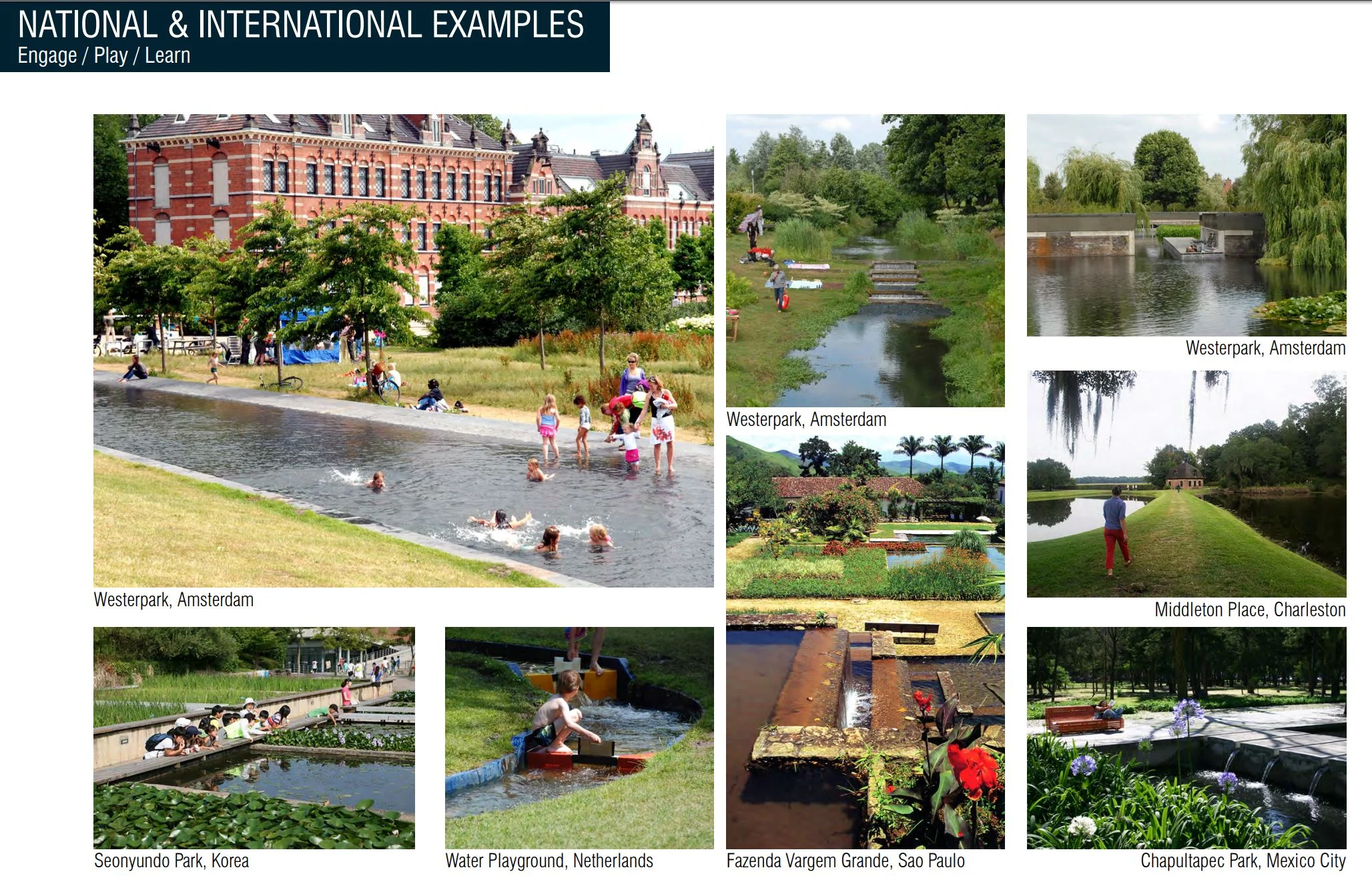 International examples of how a stormwater retention feature can double as a recreational feature (image courtesy of nola.gov)