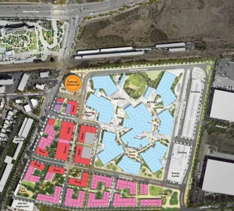 Plan for Willow Village in Menlo Park, CA. This campus would not only include offices for the company, but housing and commercial space (photo courtesy of Mercurynews.com)