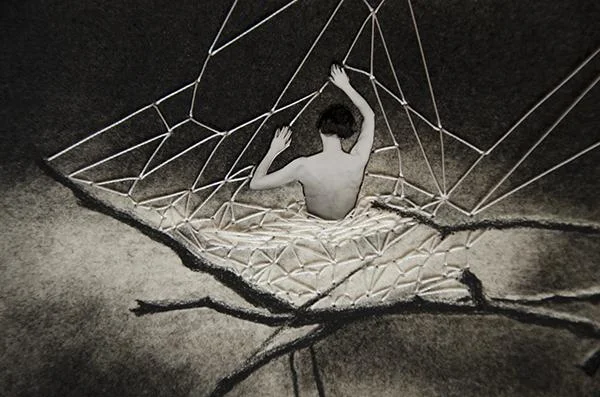 Grasp (detail) : charcoal, thread, photograph. Image: 7" wide by 10.5" high. 