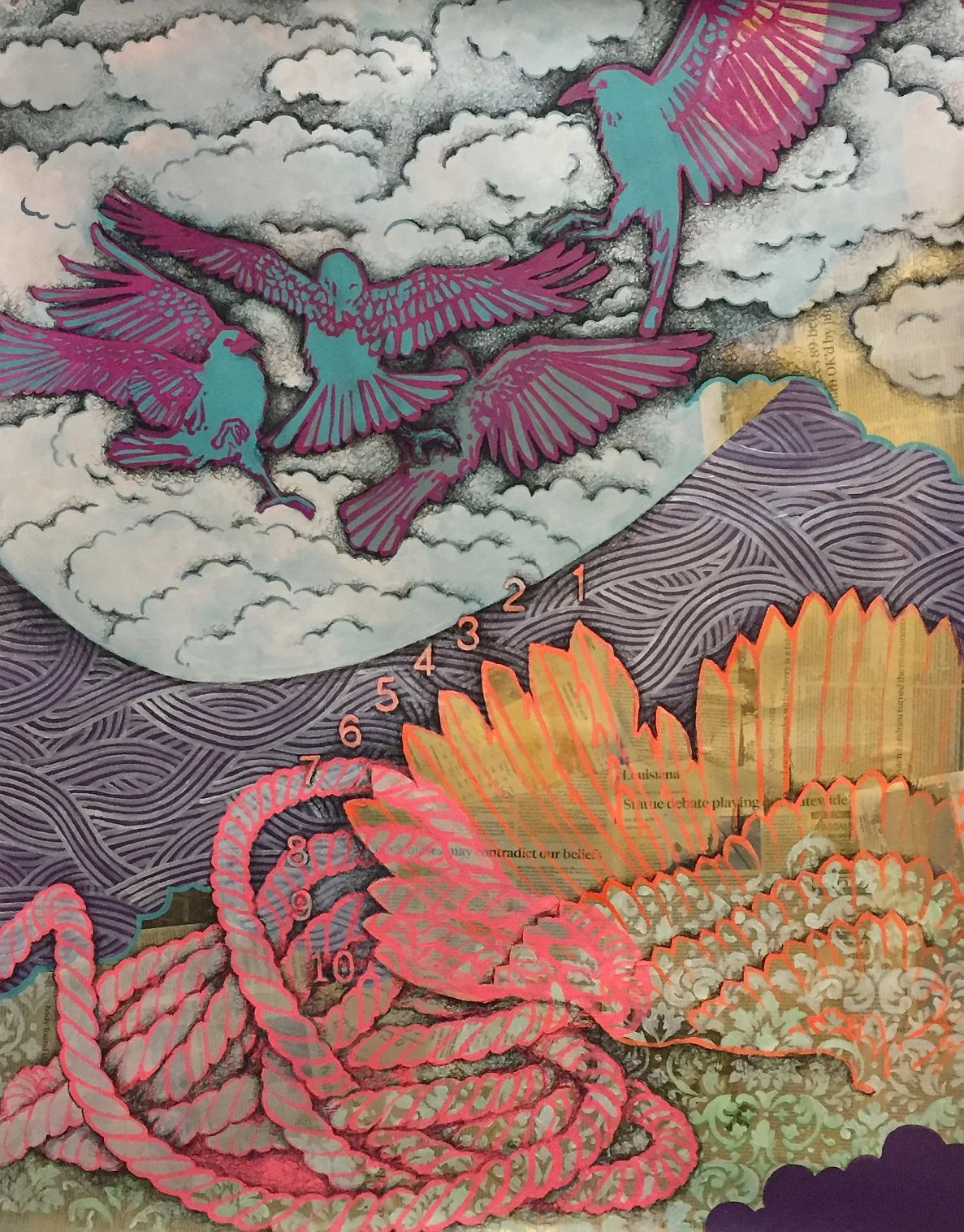 Kelly A. Mueller, Momentum (contradicting our beliefs) , acrylic and charcoal on collaged paper, 38” x 50”, 2017.