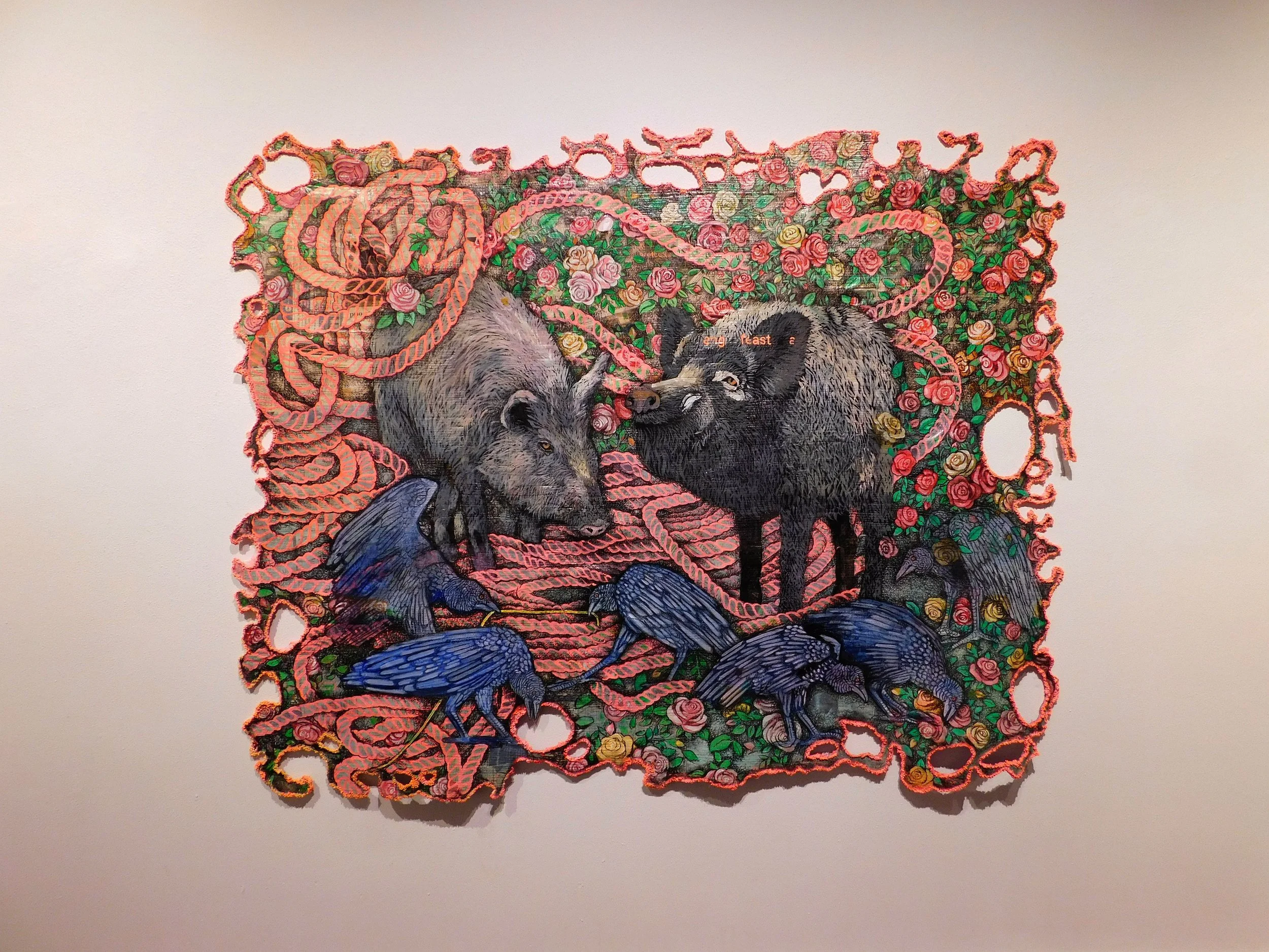 Kelly A. Mueller, Feast , Mixed media on papered quilted fabric, 52" x 75", 2018