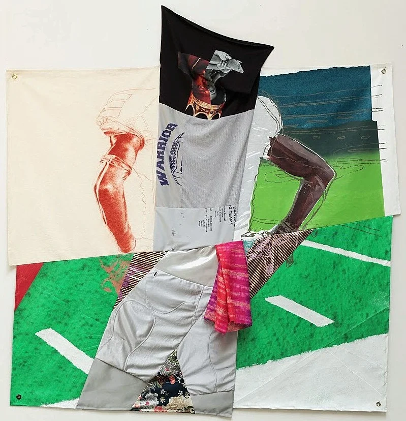 Abdi Farah, I Want My Spot Back, Conté on canvas, acrylic and house paint on patent leather and recycled billboard vinyl, used clothes and assorted fabrics. 78” x 74,” 2018