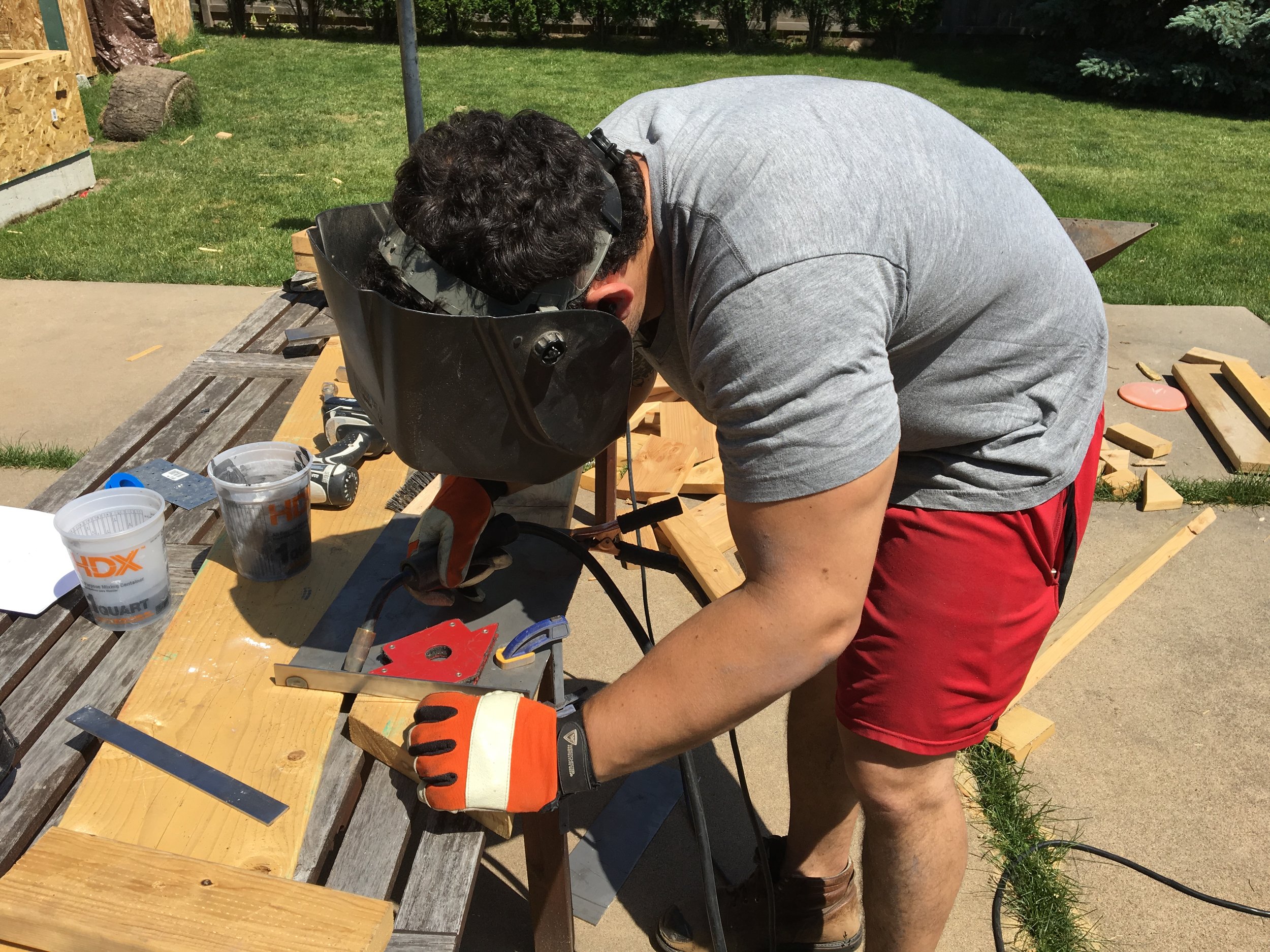 Welding on my welding bench / patio table. 