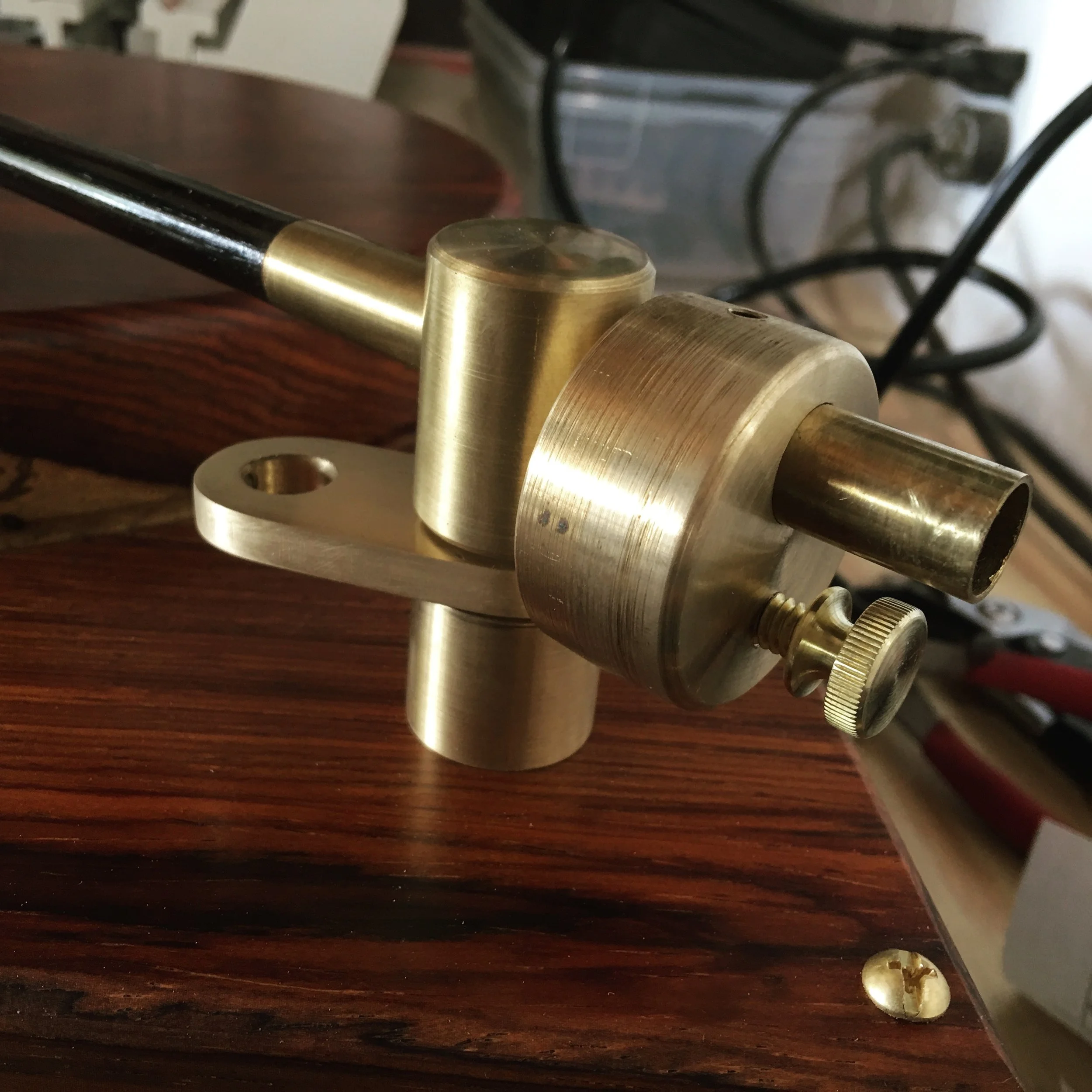 An early view of the tonearm assembly during fitting and tuning. All parts would be further polished and then finished with a museum-grade wax. 