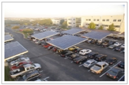 Dell headquarters parking lot with EV charging stations Source: Envisionsolar.com/project-portfolio/parksolar/