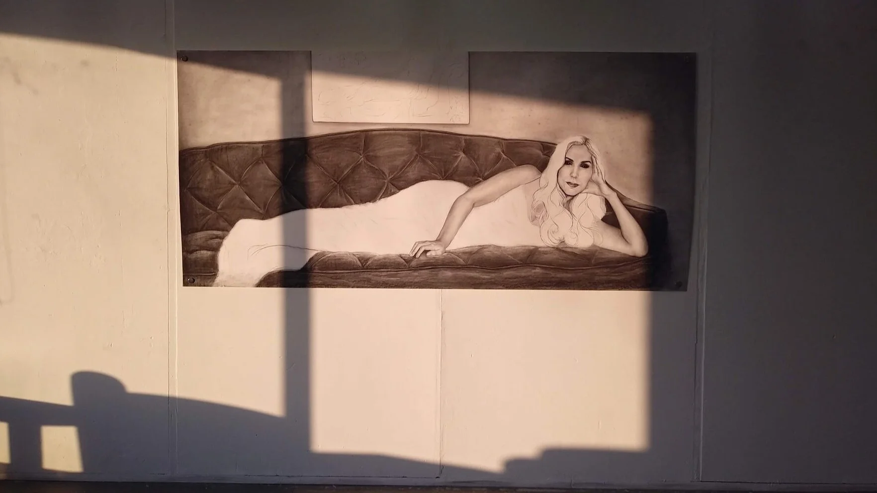 Sunset at the studios hitting a charcoal drawing-in-progress 2019