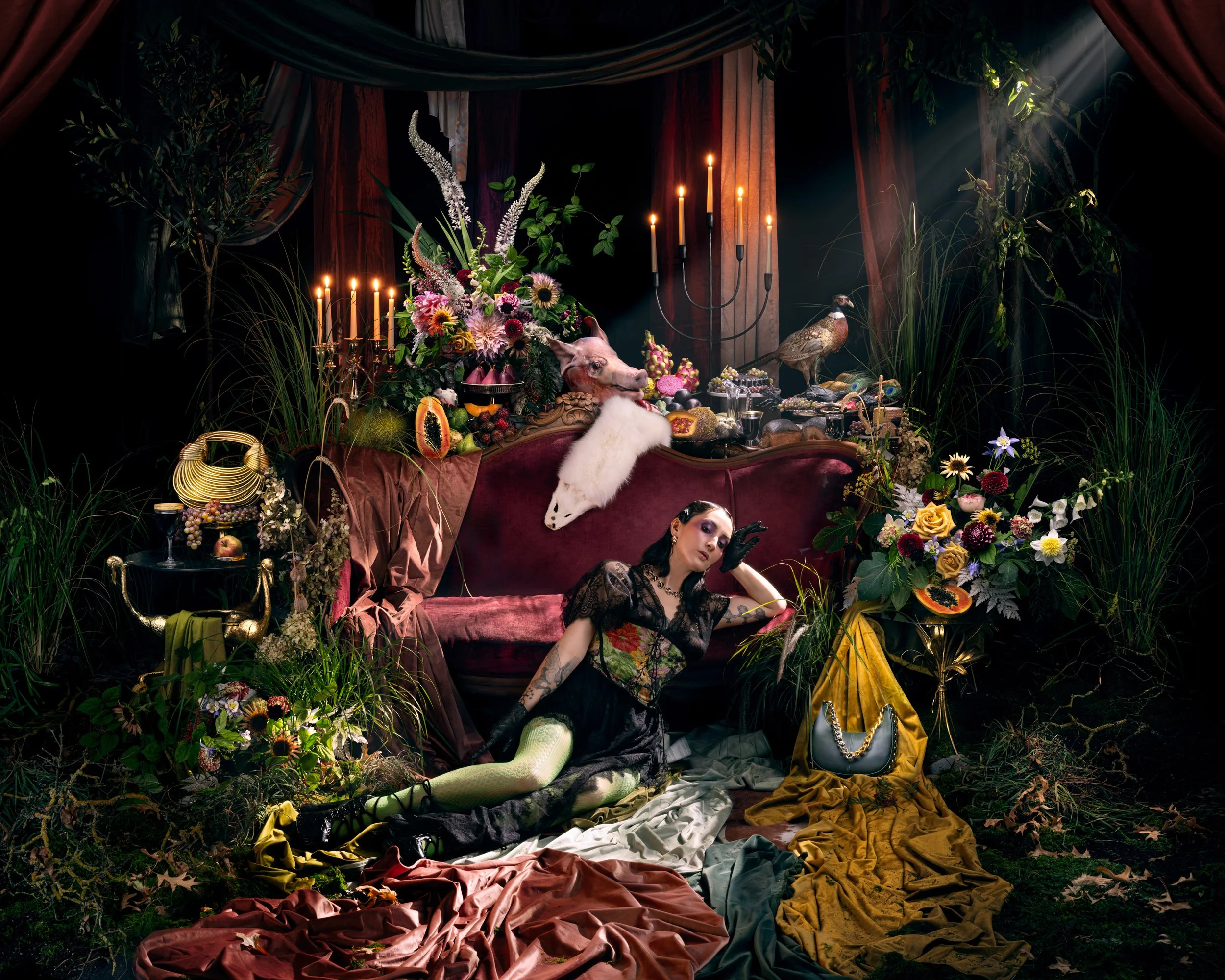  Ornate baroque-inspired high-fashion editorial featuring luxury handbags by Nightflare Creative. 