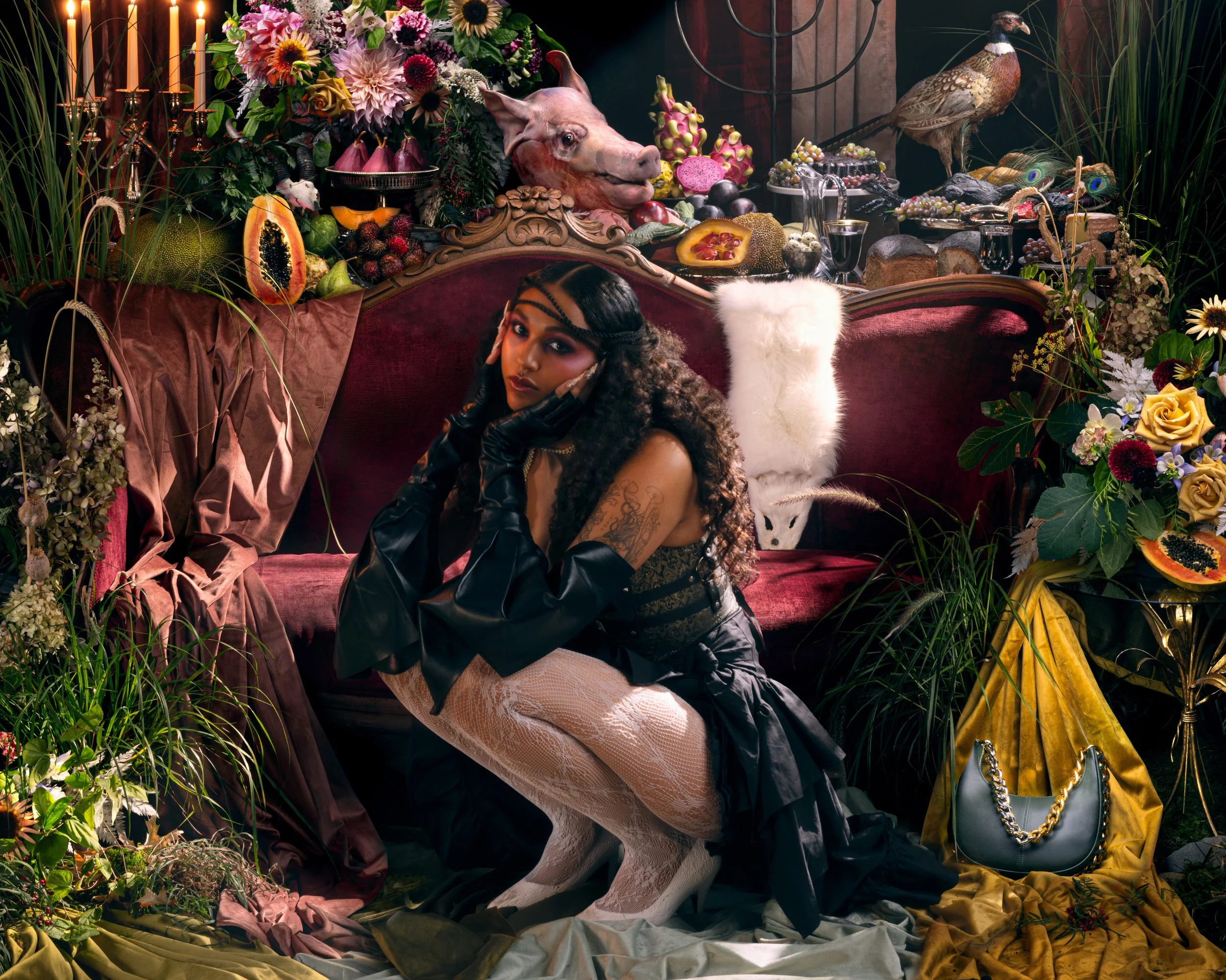 Opulent high-fashion editorial crouching model and botanical elements by Nightflare Creative. 