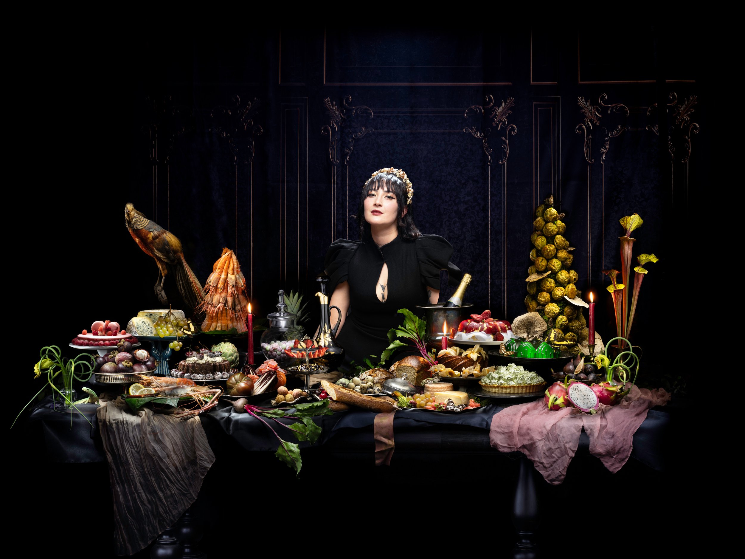 A grand table hero shot under dramatic lighting. Cookbook author cover photo for Maya Okada Erickson by Nightflare Creative.