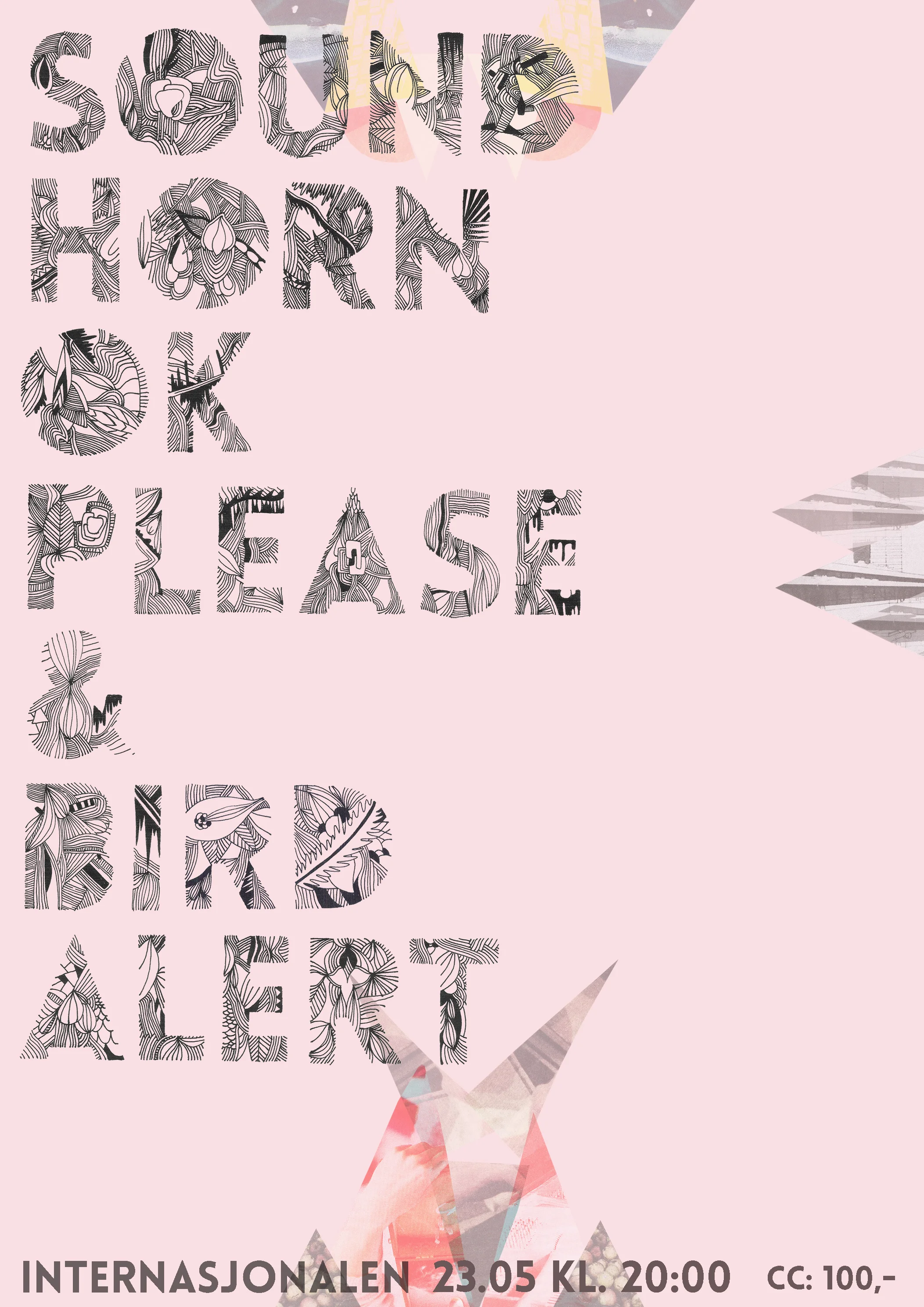 Poster for concert with Sound Horn OK Please & Bird Alert