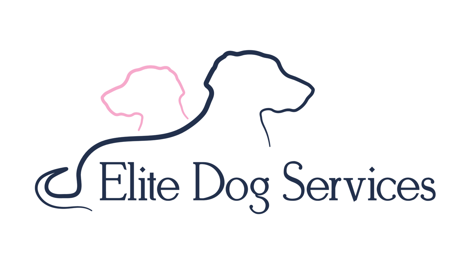Elite Dog Services logo featuring two dog outlines in navy and pink.