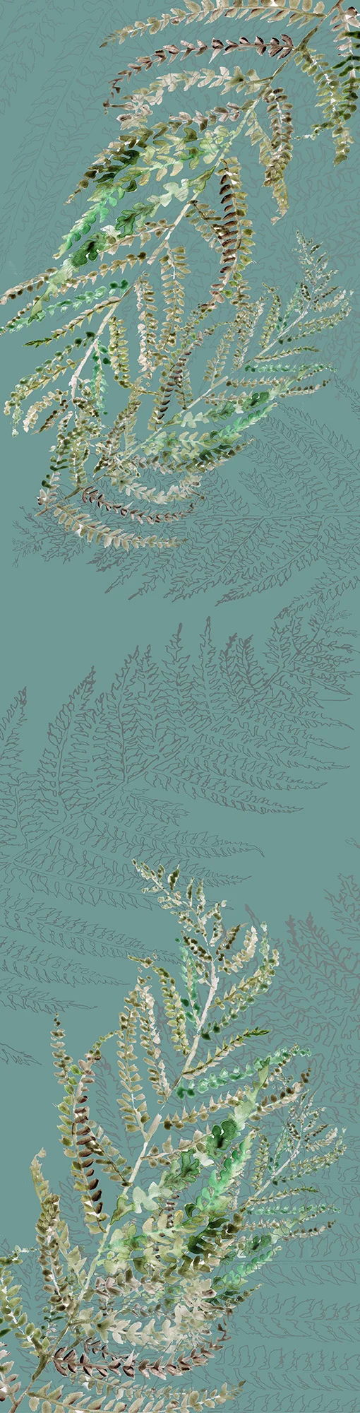 Digital print on Irish linen. Inspired by Meath hedgerows, drawings and watercolour paintings of ferns.. 178 cm X 47 cm