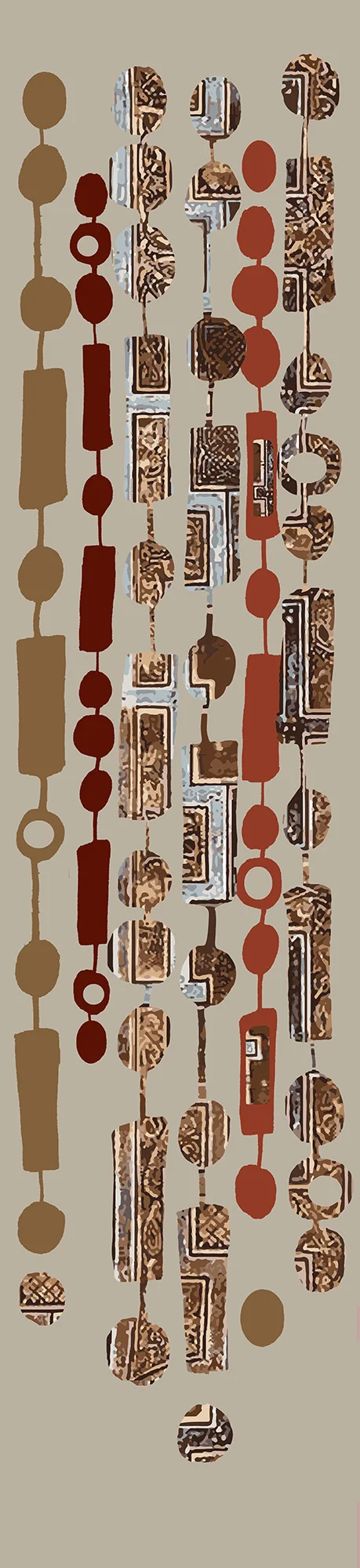 Digital print on Irish linen The Book of Kells is the inspiration for this piece. Ornate borders and Celtic patterns are abstracted to create this horizontal design. 205 cm X 46 cm