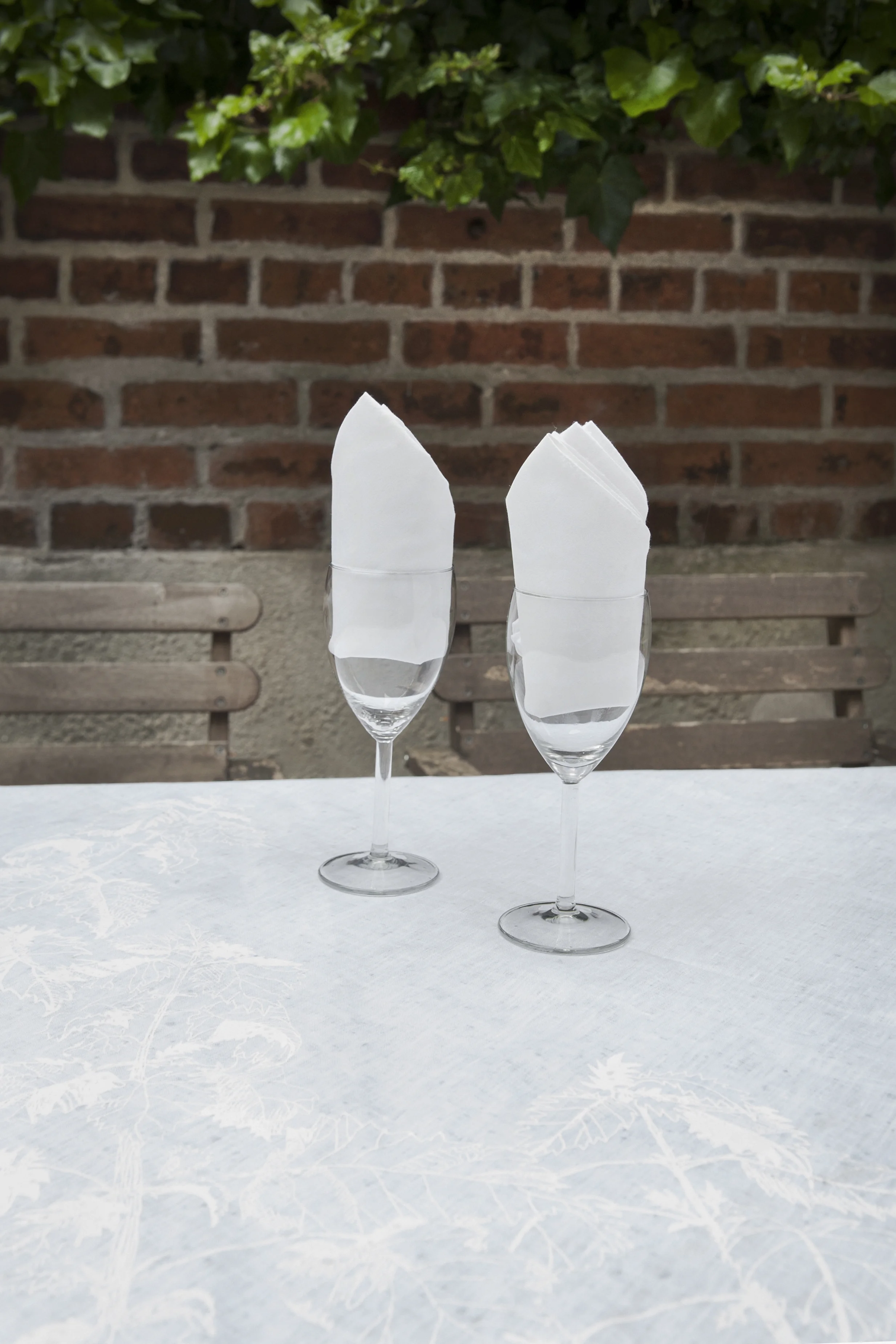 Table Runner & Napkins. Screen print. White on white undyed Irish linen. Nettles
