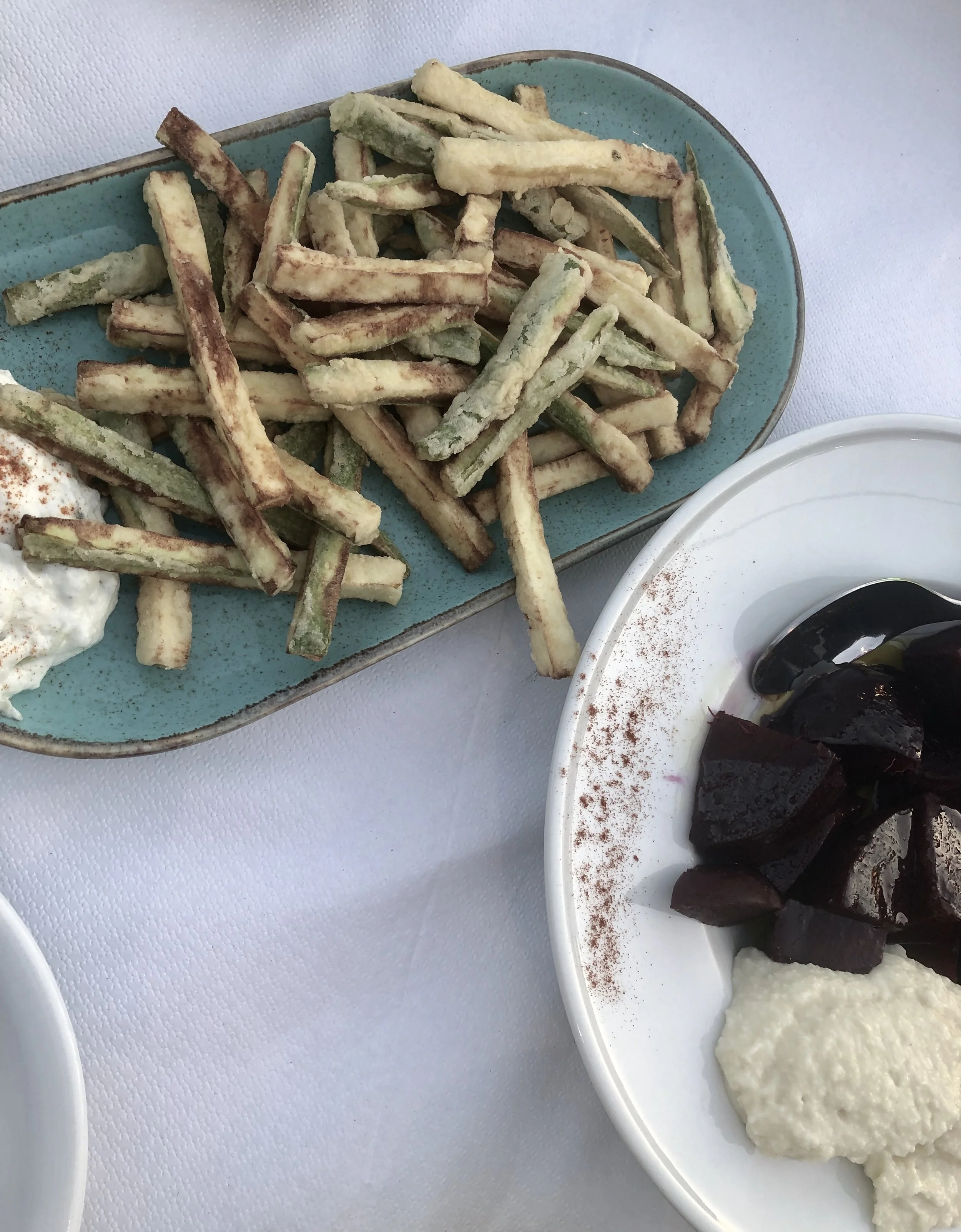 Fried zucchini with tzatziki and beetroot with tarator Apagio Tavern, Poros