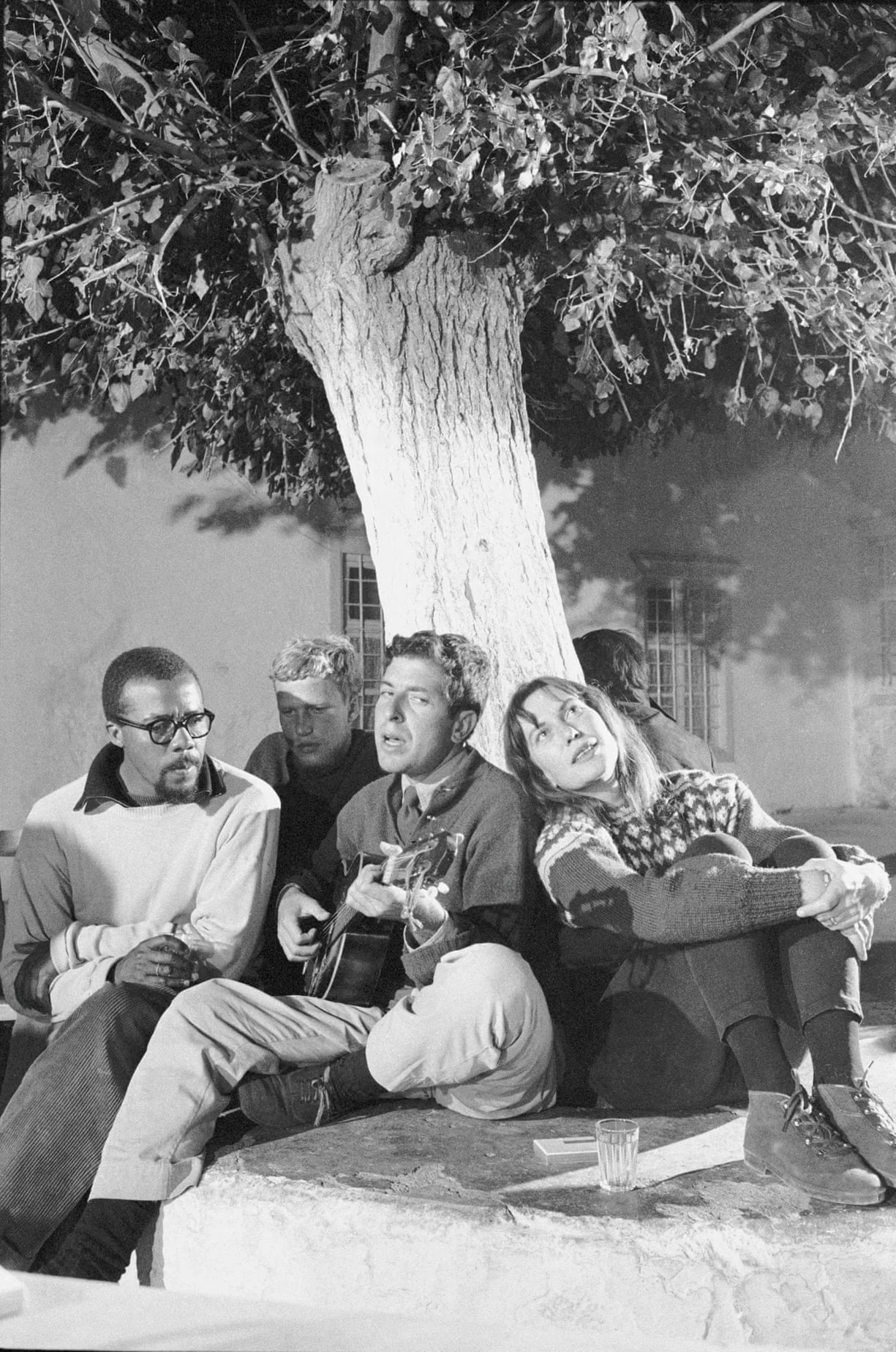 Leonard Cohen and his friends, 1964, Under the tree - which is now located in front of the Xeri Elia Tavern’s platia.