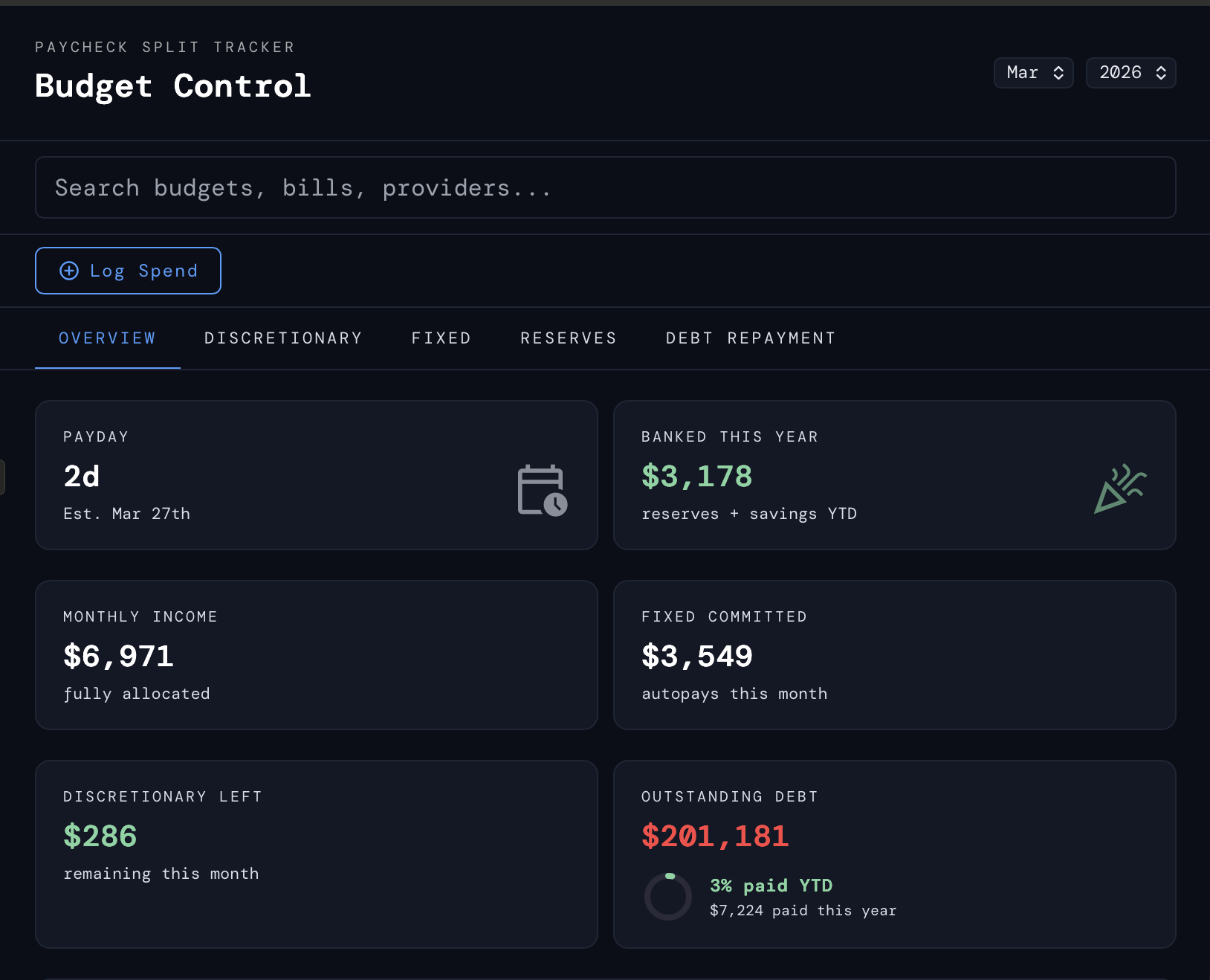 Screenshot of a dark-mode budgeting tool