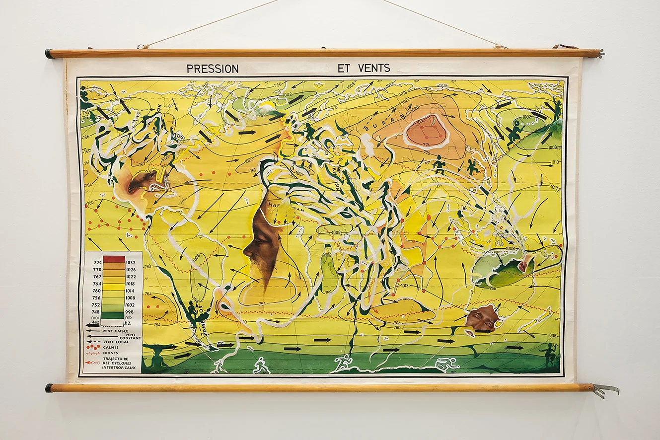 "Pressure And Winds “ 2018 Pressure and Winds” Layered and distorted Map makes reference and connections to Complex histories, Rituals and Movement. The work is Centred around “Ghetto” who belongs to the 12 Tribes Of Israel. He describes his dreadlocks, to be “The Force Of The Spirit”. Impressions of his locks, take over boundary lines, and move throughout the map itself. They symbolise freedom, and a long history of Rastafarian uprising, who considered it their calling to expose the corruption of the colonial system. Within the map, a single minded pursuit of the spiritual is present, linking to the ancient Hindu beliefs, and the male cosmic energy of Shiva. Figures resemble dance, movement, and stillness, in this constant strive to expand, and a longing to be boundless. The work investigates balance in such a tangled world, full of trials and tribulations. It is a celebration of such faith in the self, to stay grounded and embrace certain realities.