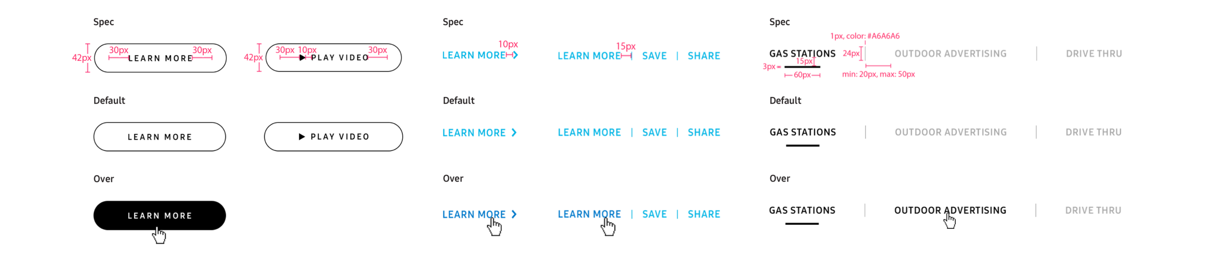 We also created the button styles for each instance. These buttons were very complex with all of the different scenarios they need to be under: Primary CTAs, Secondary CTA, Tab system, links that went to other pages, etc. This visual design system