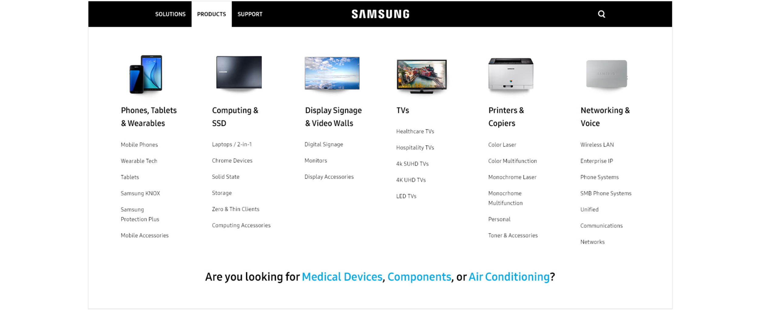 We also wanted a navigation that would showcase all the products, but also have room for some customization. This would help returning users see featured items or solutions that were more tailored on their second visit. We saw that the user on thei