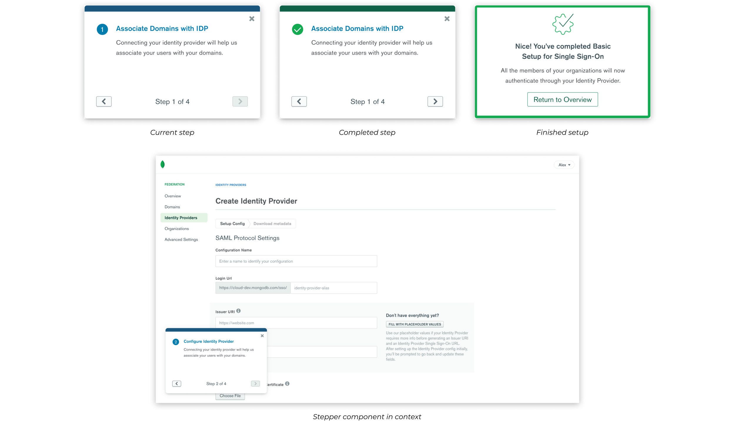 I also created a component that would follow our users during the setup to give them instructions on what to do for the current step, how to get to the next step, and also remember what the previous step was. This component on the bottom left corner
