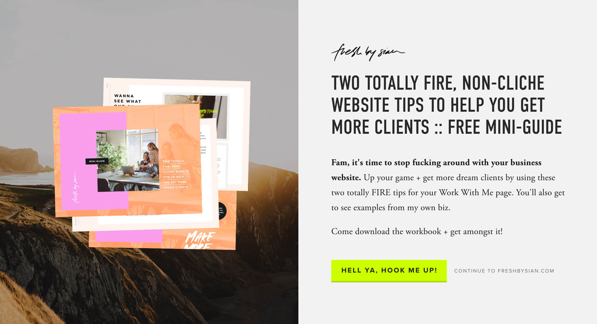 Esta es la home de Fresh by Sian , la web de una diseñadora norteamericana, en la que frece de entrada un freebie. Puedes optar por descargarlo, o seguir al sitio.