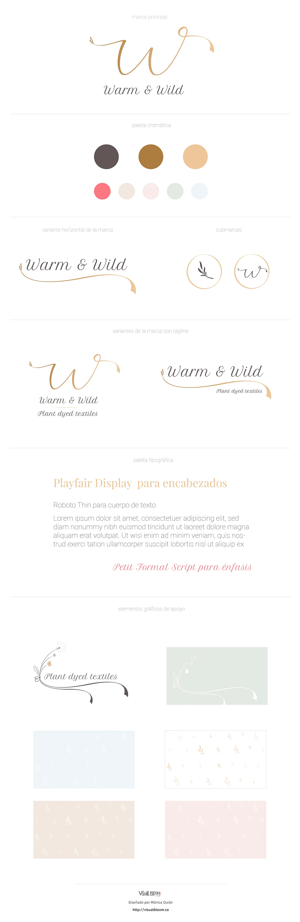 Brand Board para el rebranding de Warm & Wild, una marca slow, de tejidos teñidos a mano de manera artesanal. Delicada, artesana y natural.