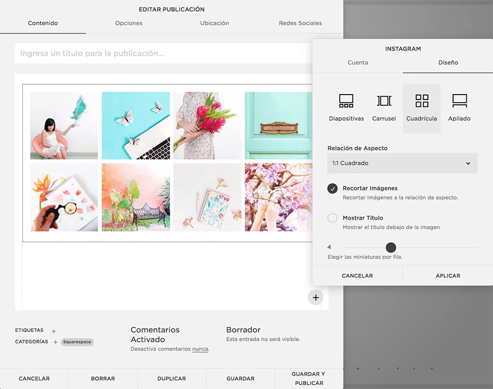 Puedes escoger entre varias opciones de diseño para mostrar tu galería de Instagram en tu web en Squarespace.