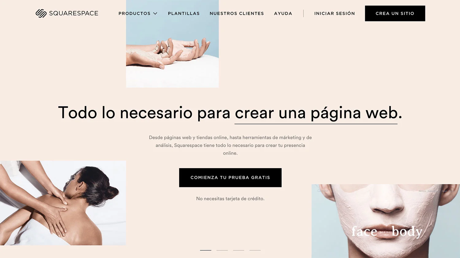 Página de inicio en la web de Squarespace en español.
