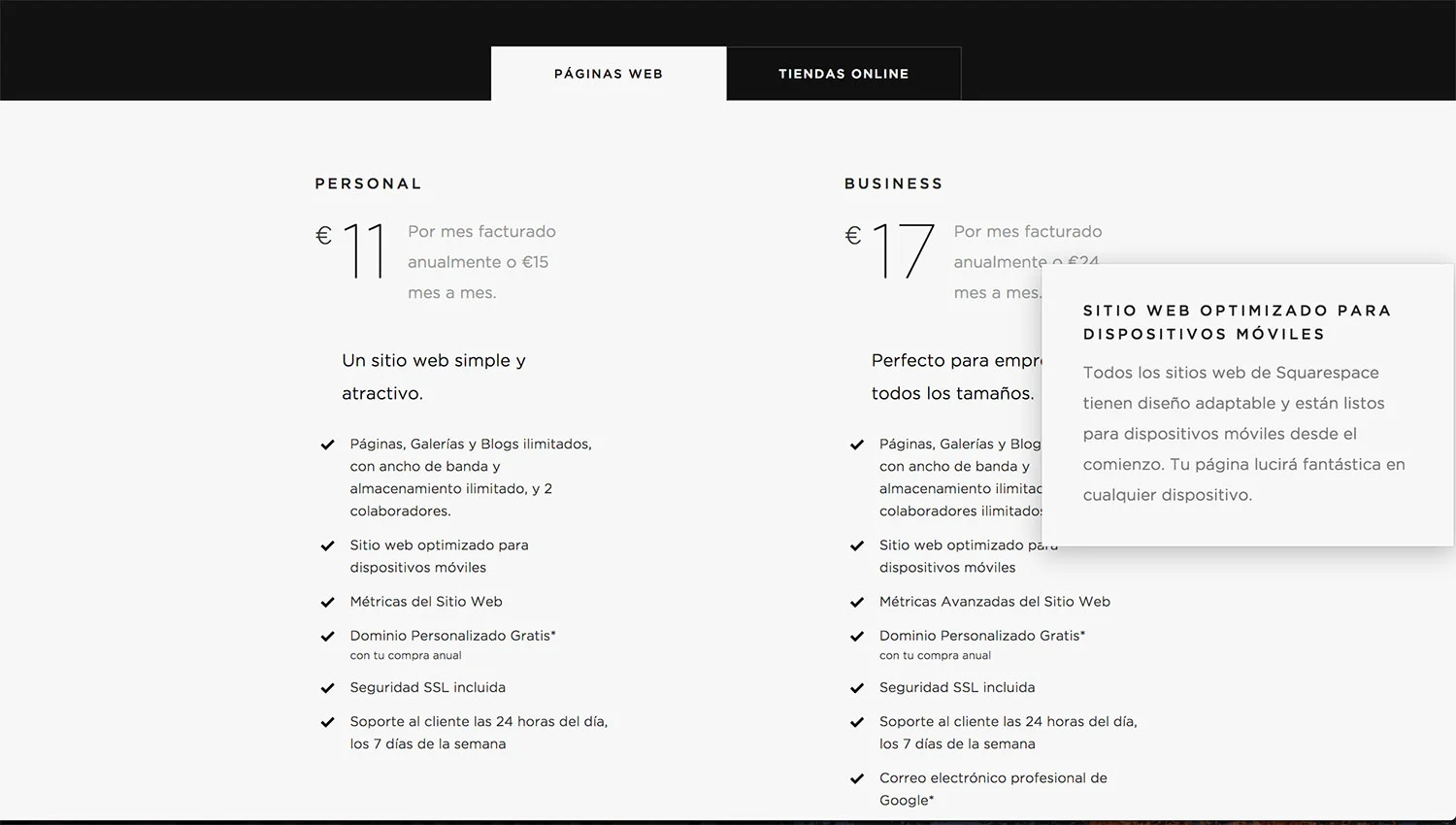 Página de precios y características de los planes de suscripción de Squarespace.