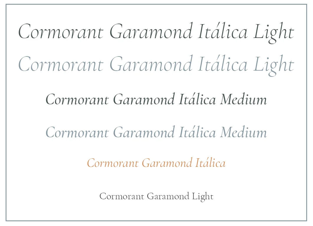 Cormorand Garamond en las diferentes variantes de tamaños, pesos y colores utilizados en la web.