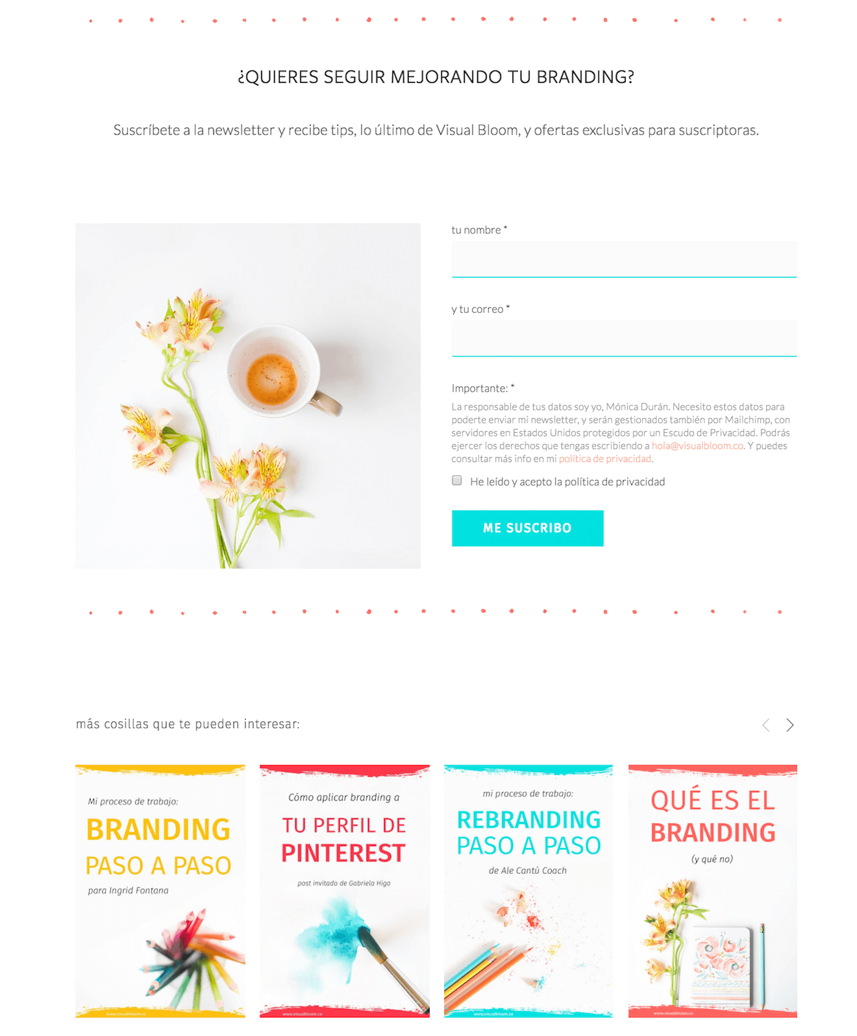 Al final de cada post hay una llamada a la acción directa, para apuntarse a la Newsletter o para conocer más sobre uno de mis servicios, y posts relacionados que le facilitan al visitante seguir explorando contenidos.