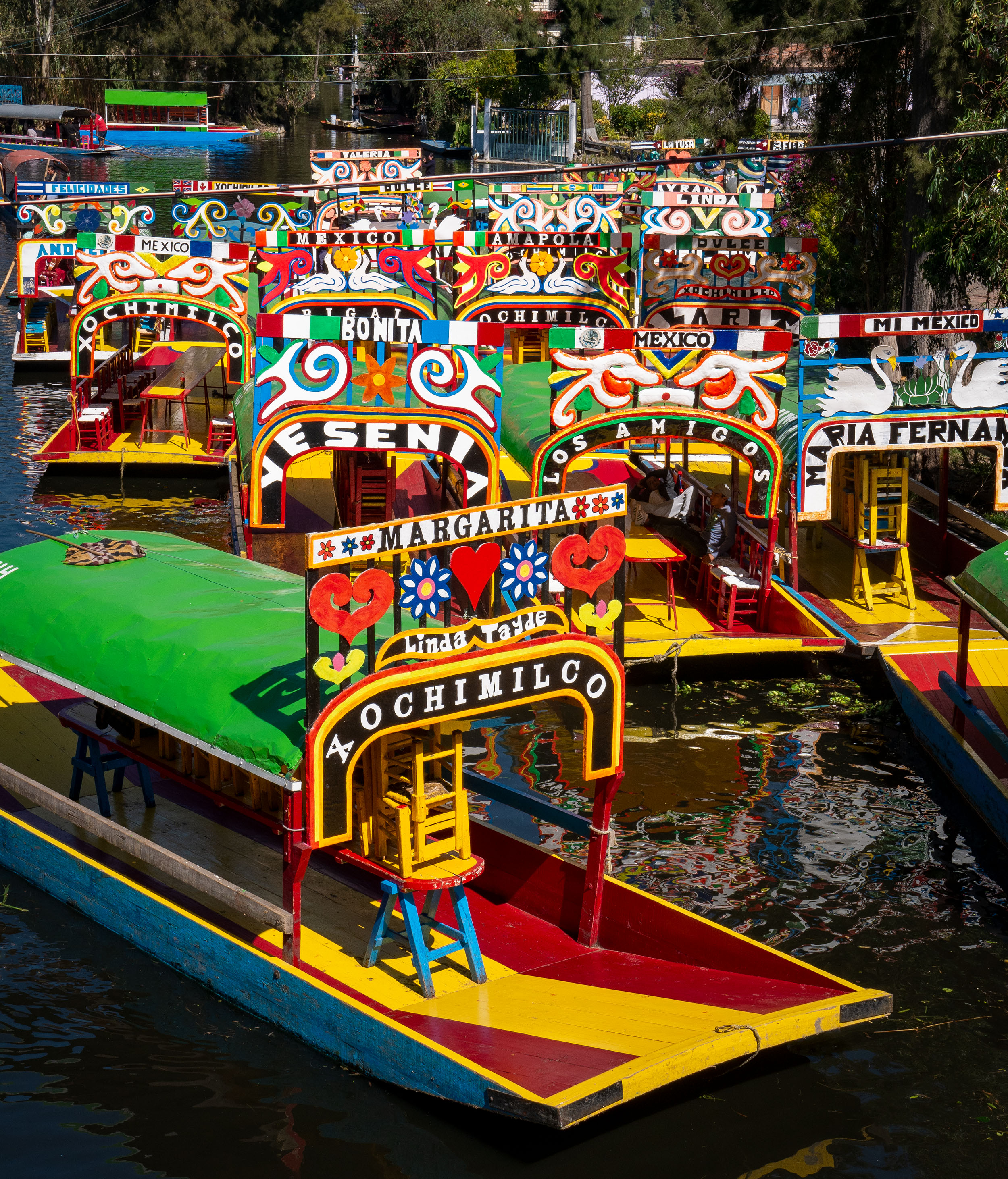 Colourful Trajineras in Xochimilco, Mexico