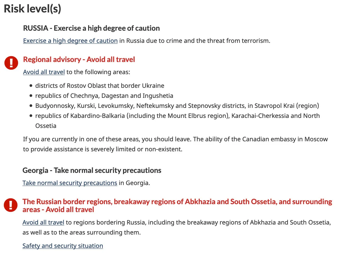 Russia and Georgia Travel Advisories