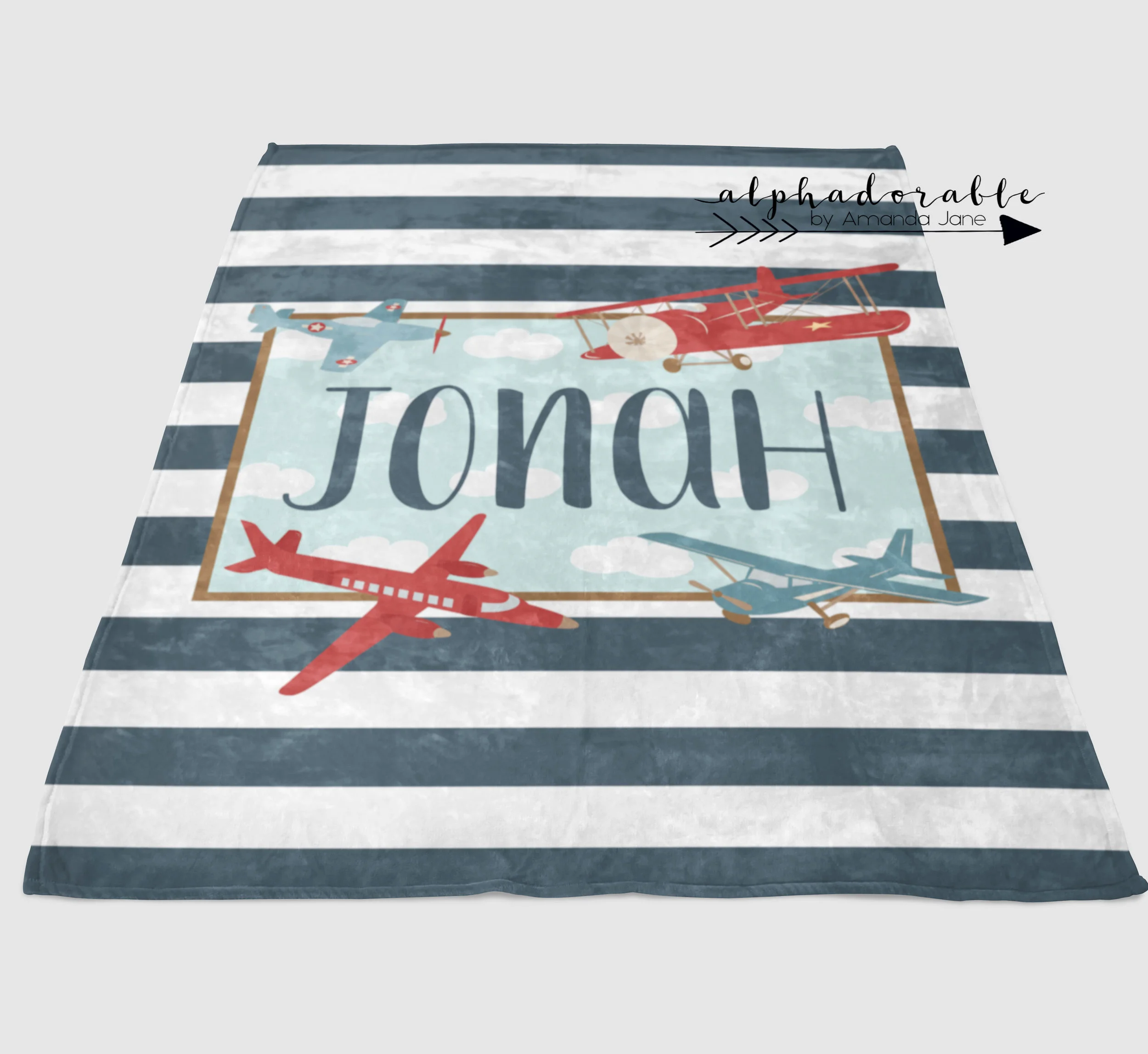 Vintage Airplane baby blanket in Navy — Alphadorable Custom nursery