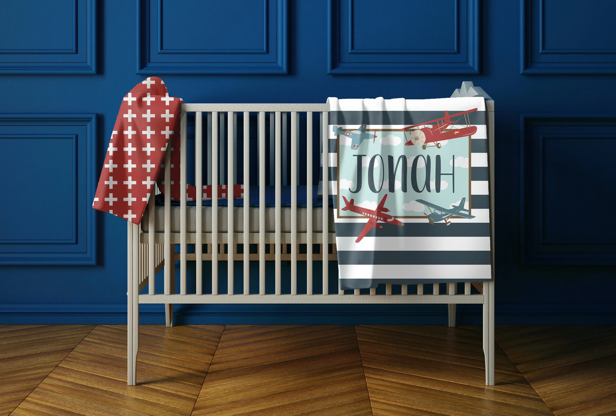 Vintage Airplane baby blanket in Navy — Alphadorable Custom nursery