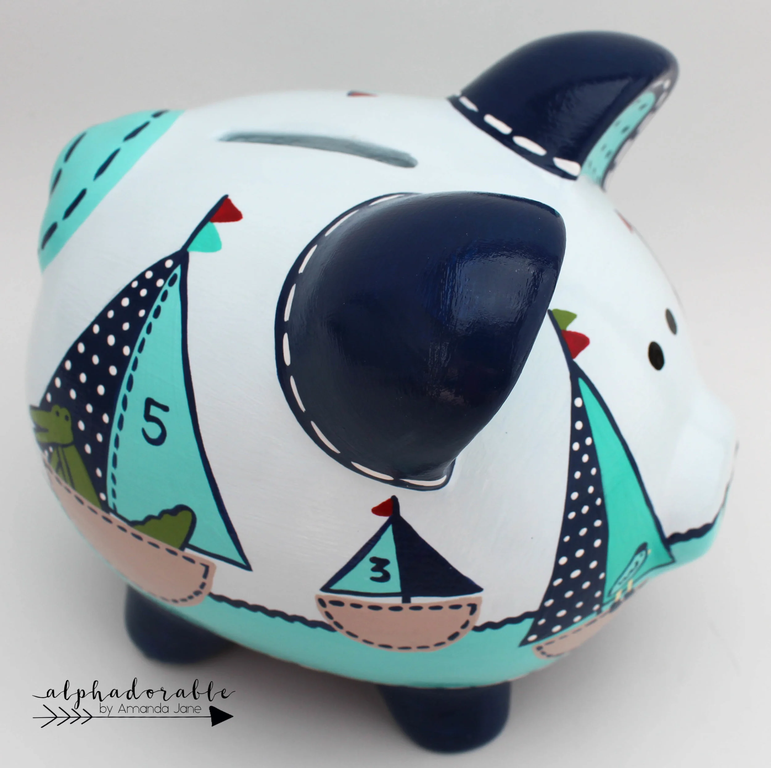 Sailboat piggy bank in turquoise, navy and blue — Alphadorable Custom nursery art and decor