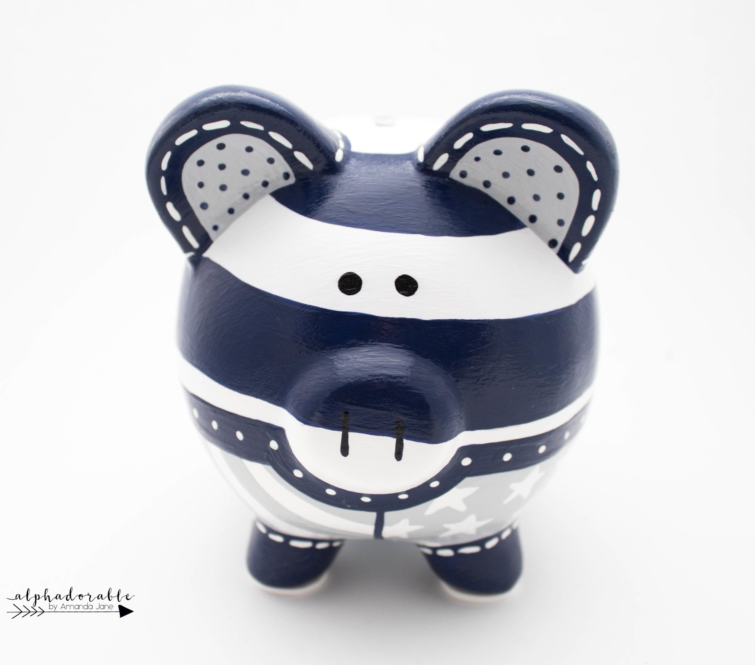 Rugby Stripe piggy bank in Navy, and grey — Alphadorable Custom