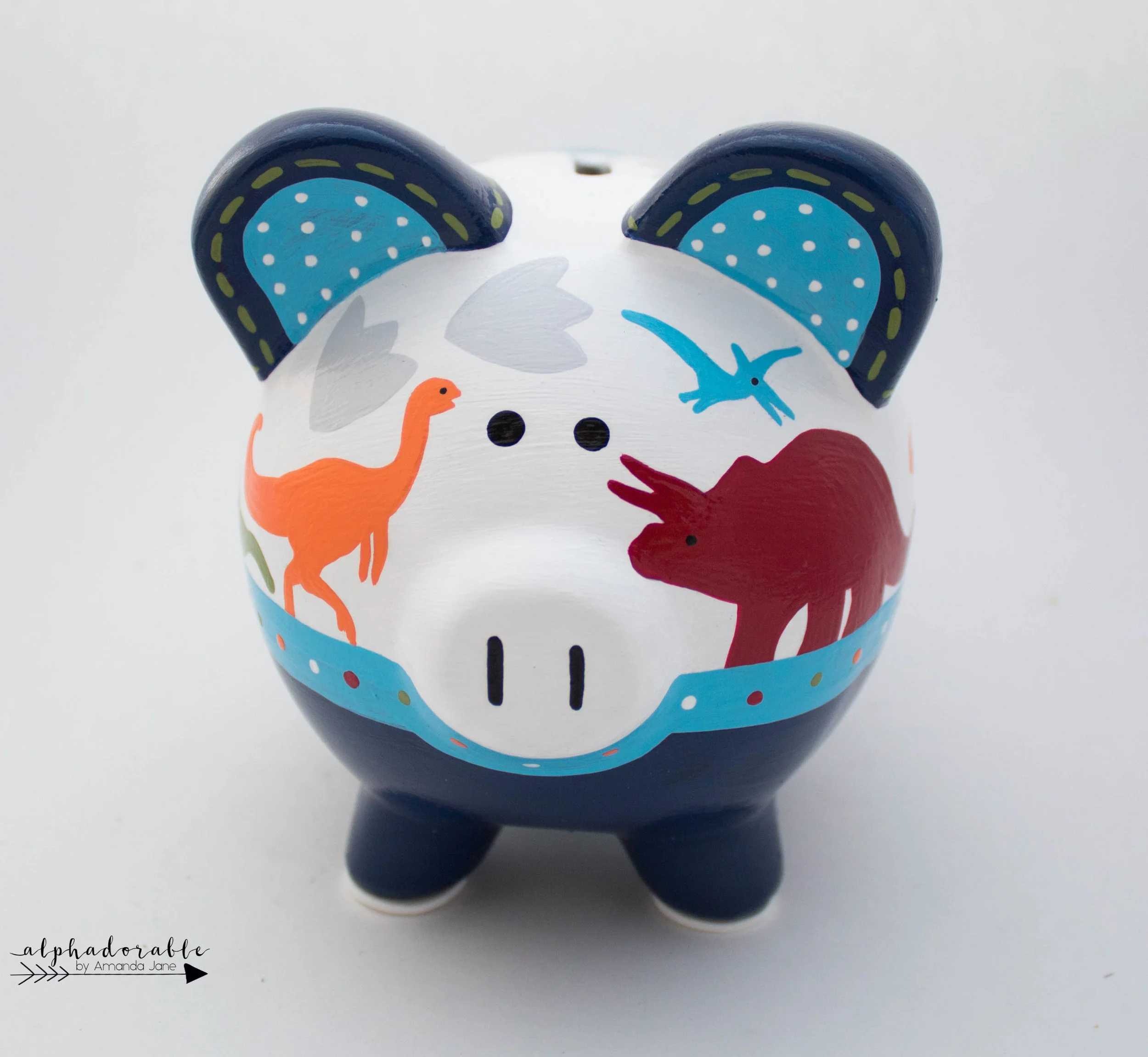 Dinosaur piggy bank in Navy, red, green and orange — Alphadorable