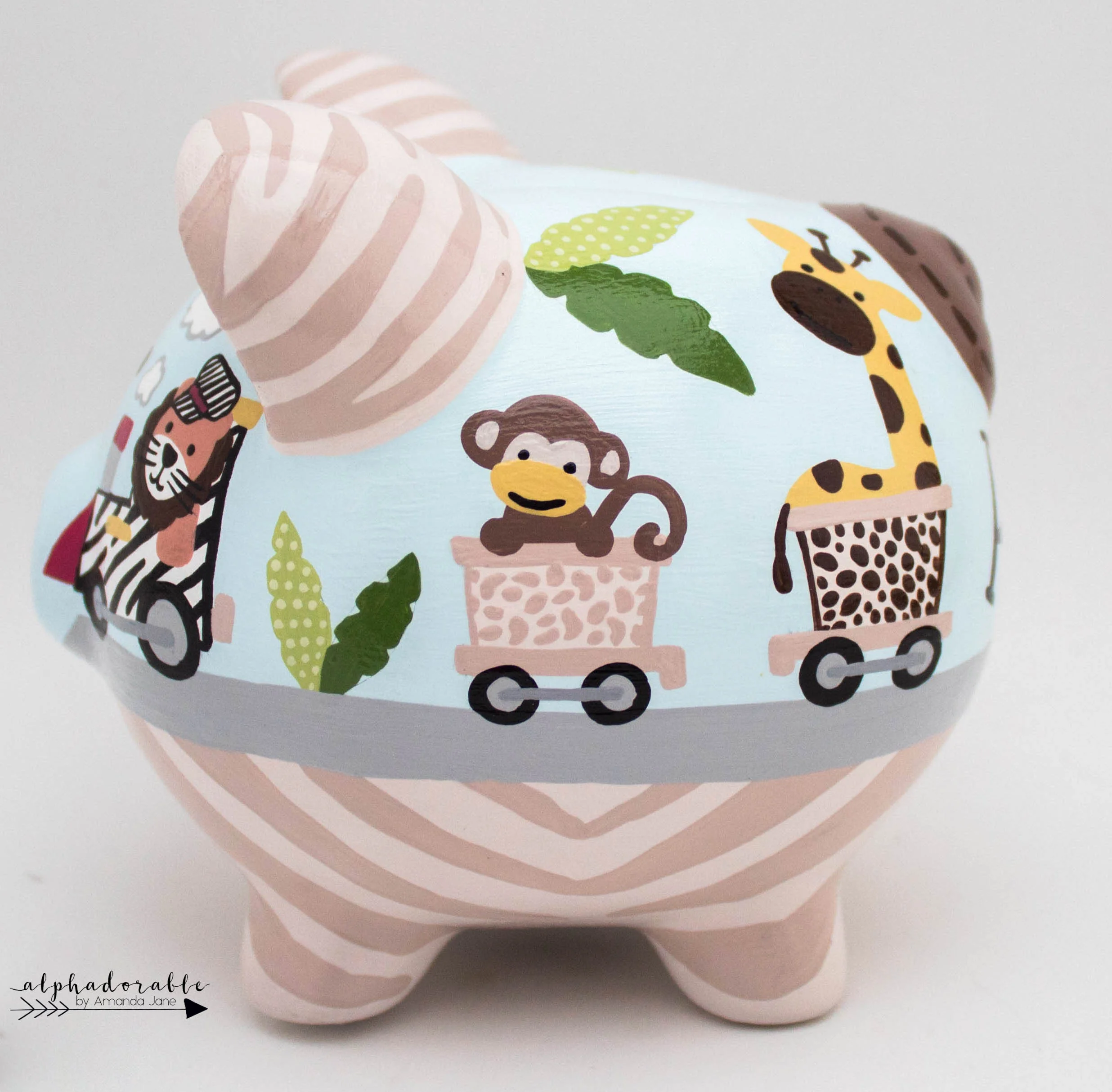 Safari Express Train Piggy Bank blue, tan, grey and animal print
